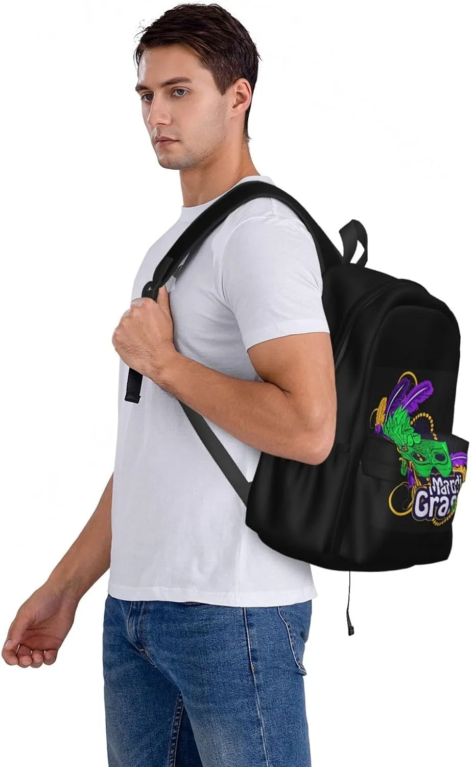 Mardi Gras Beads Mask Feathers Backpack Casual Laptop Backpack Large Capacity Double Shoulder Bag Travel Daypack For Women Men