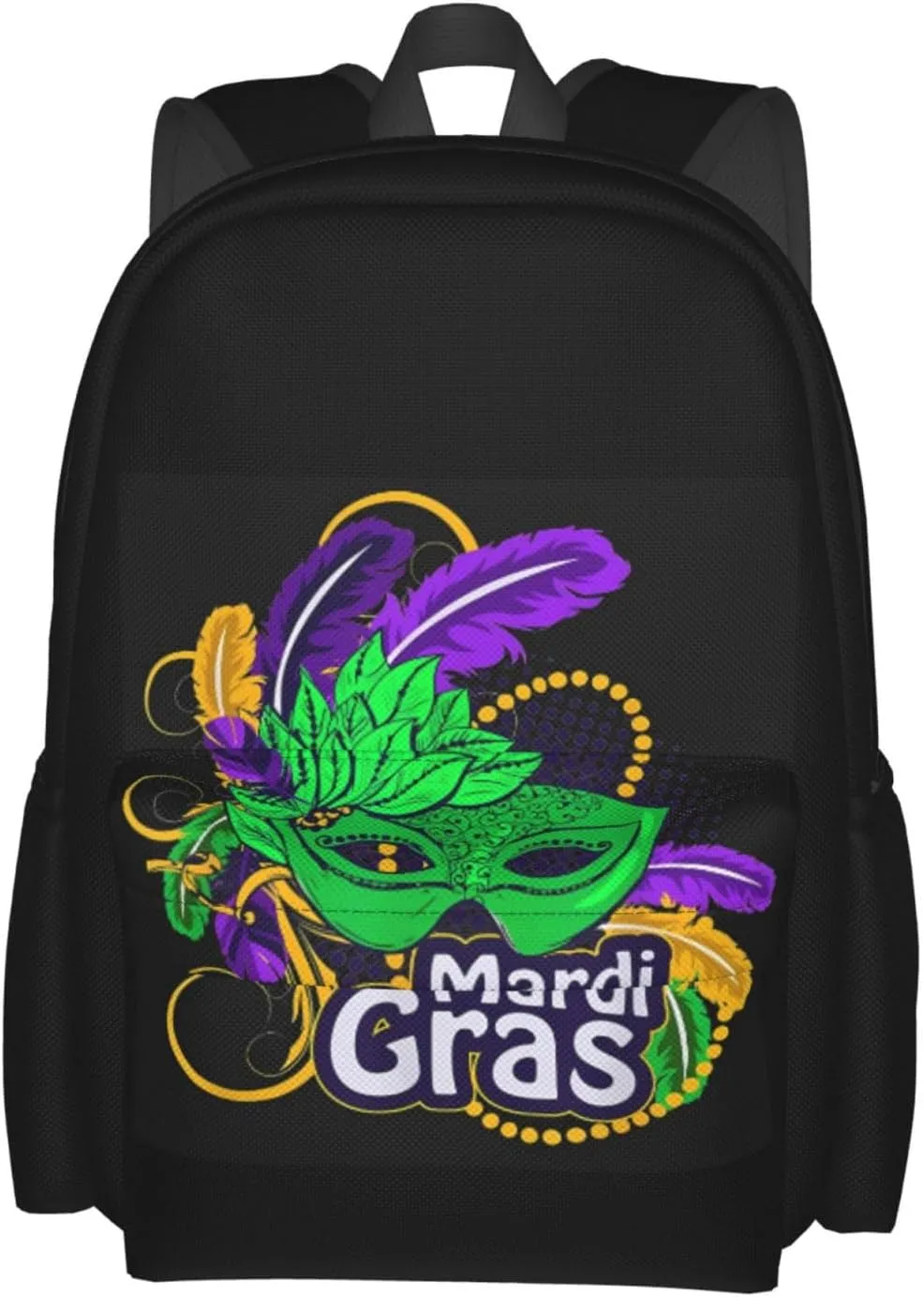 Mardi Gras Beads Mask Feathers Backpack Casual Laptop Backpack Large Capacity Double Shoulder Bag Travel Daypack For Women Men
