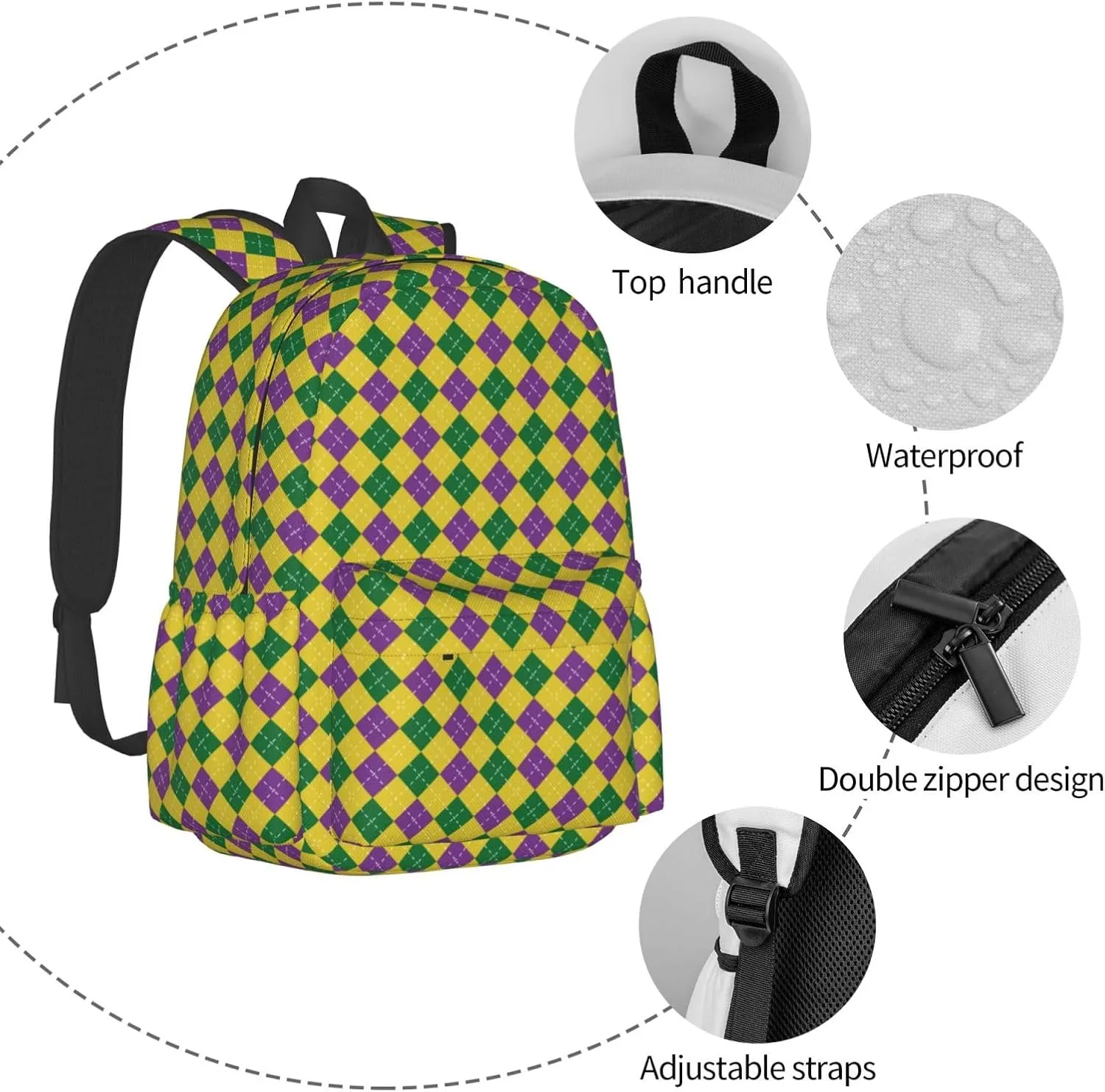 Mardi Gras Carnival Purple Green Lily Flower Backpack Casual Laptop Backpack Large Capacity Double Shoulder Bag Travel Daypack For Women Men