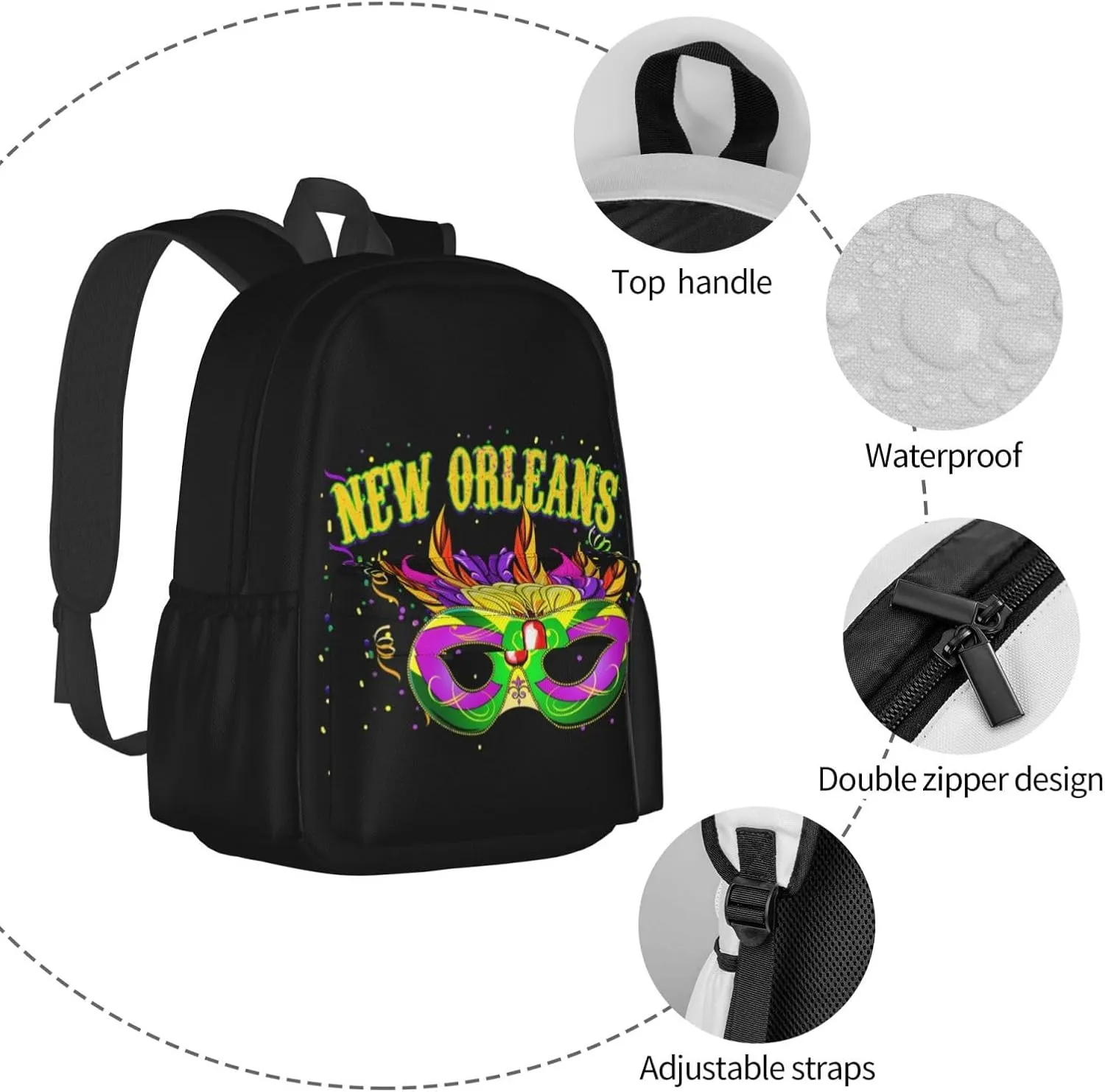 Mardi Gras Mask New Orleans Backpack Casual Laptop Backpack Large Capacity Double Shoulder Bag Travel Daypack For Women Men