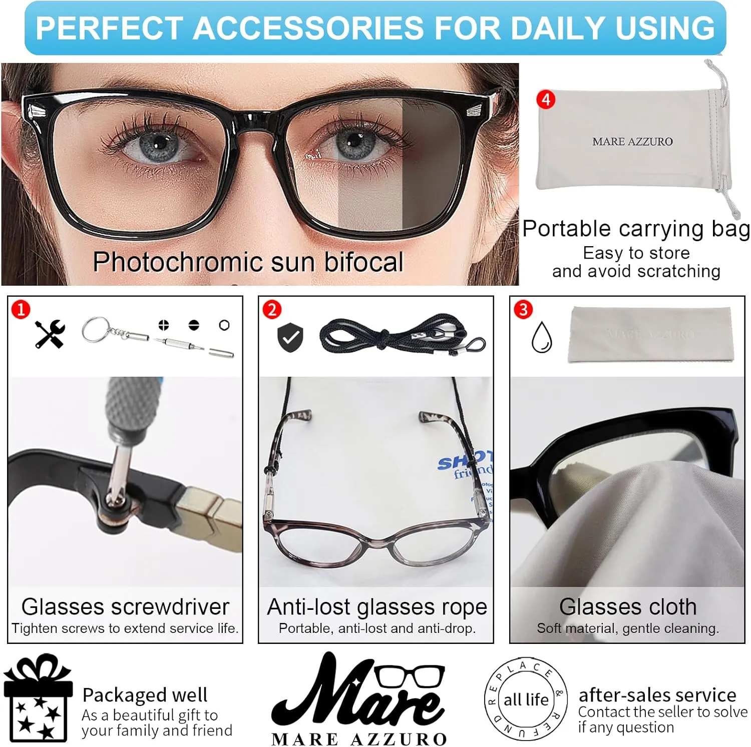 MARE AZZURO Photochromic Bifocal Reading Glasses Women Blue Light Blocking Square Readers Sunglasses 1.0 1.5 2.0 2.5 3.0 3.5 4.0 (Black, 1.50)