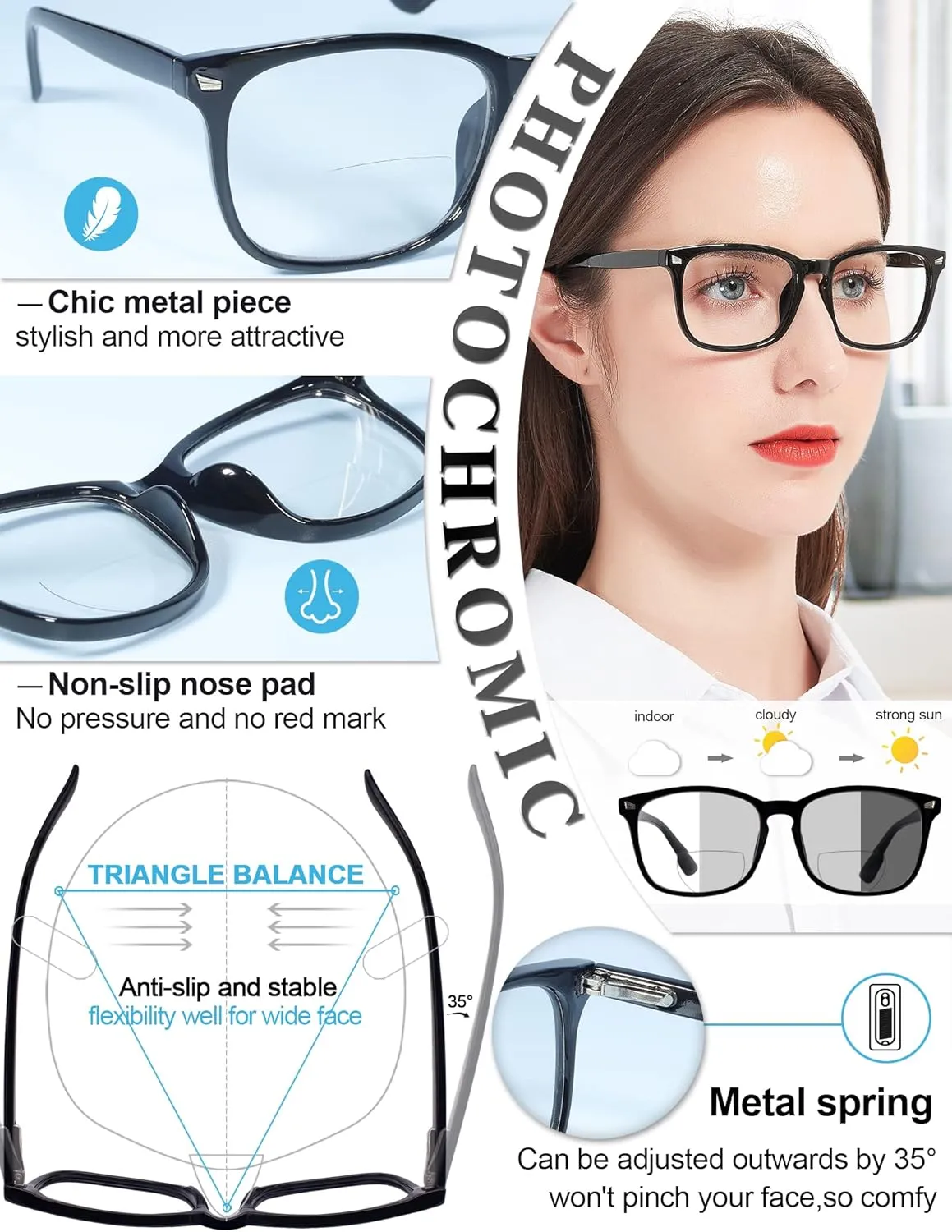 MARE AZZURO Photochromic Bifocal Reading Glasses Women Blue Light Blocking Square Readers Sunglasses 1.0 1.5 2.0 2.5 3.0 3.5 4.0 (Black, 1.50)