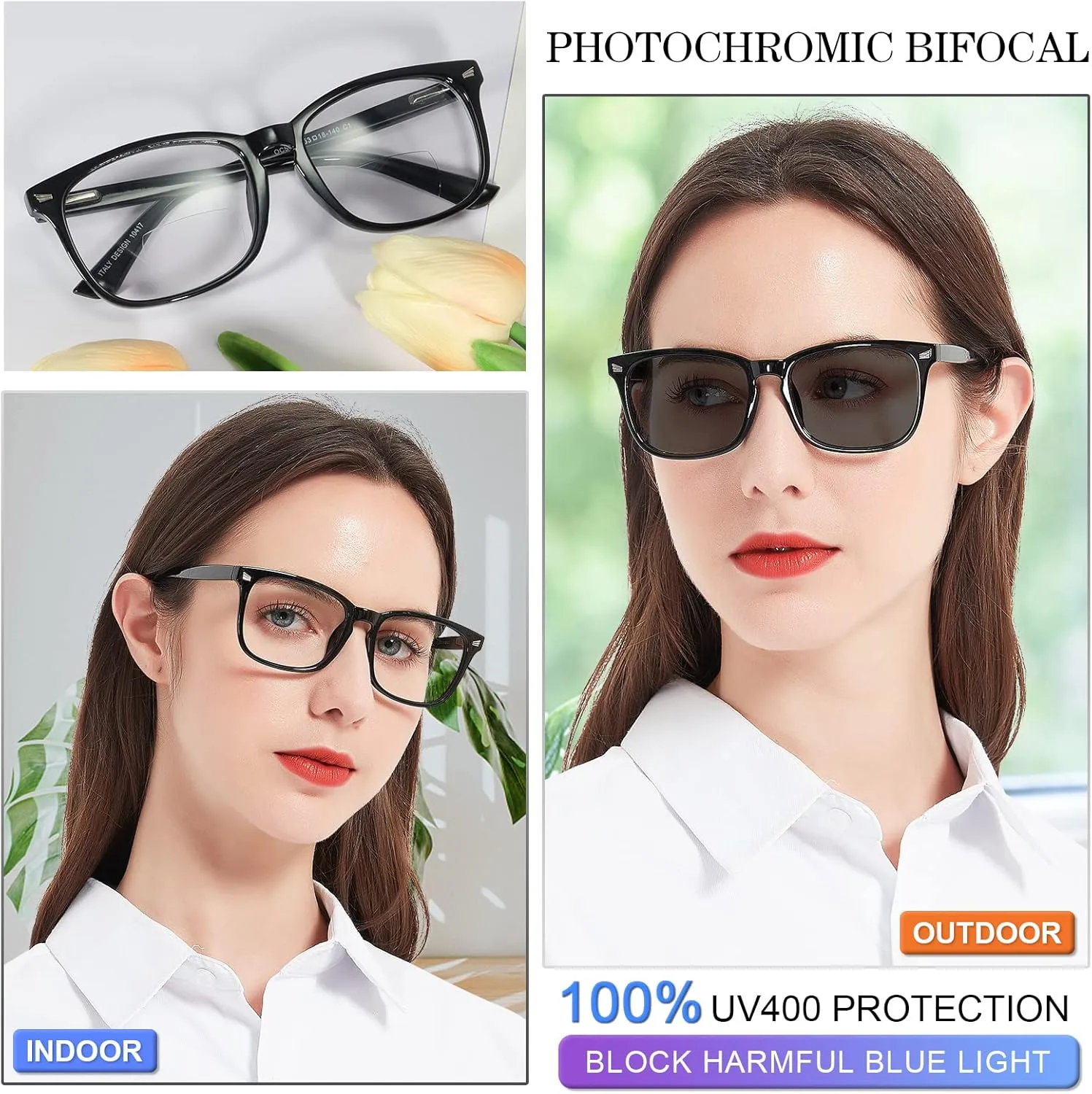 MARE AZZURO Photochromic Bifocal Reading Glasses Women Blue Light Blocking Square Readers Sunglasses 1.0 1.5 2.0 2.5 3.0 3.5 4.0 (Black, 1.50)
