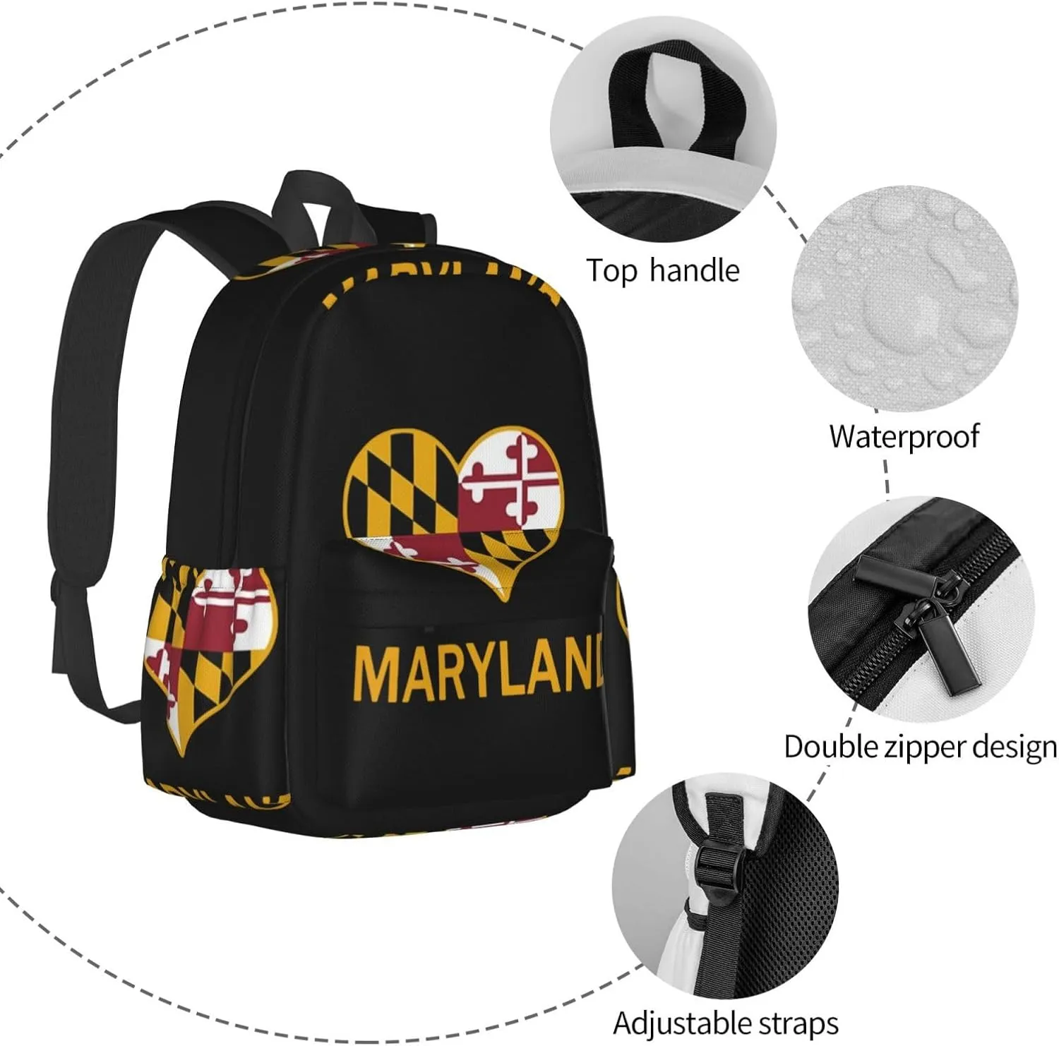 Maryland Flag Heart Backpack Large Capacity Backpack Lightweight Double Shoulder Bag For Women Men Travel