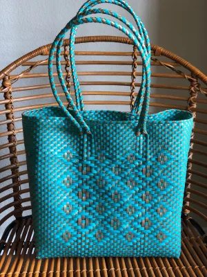 Medium Turquoise and Gold Woven Tote