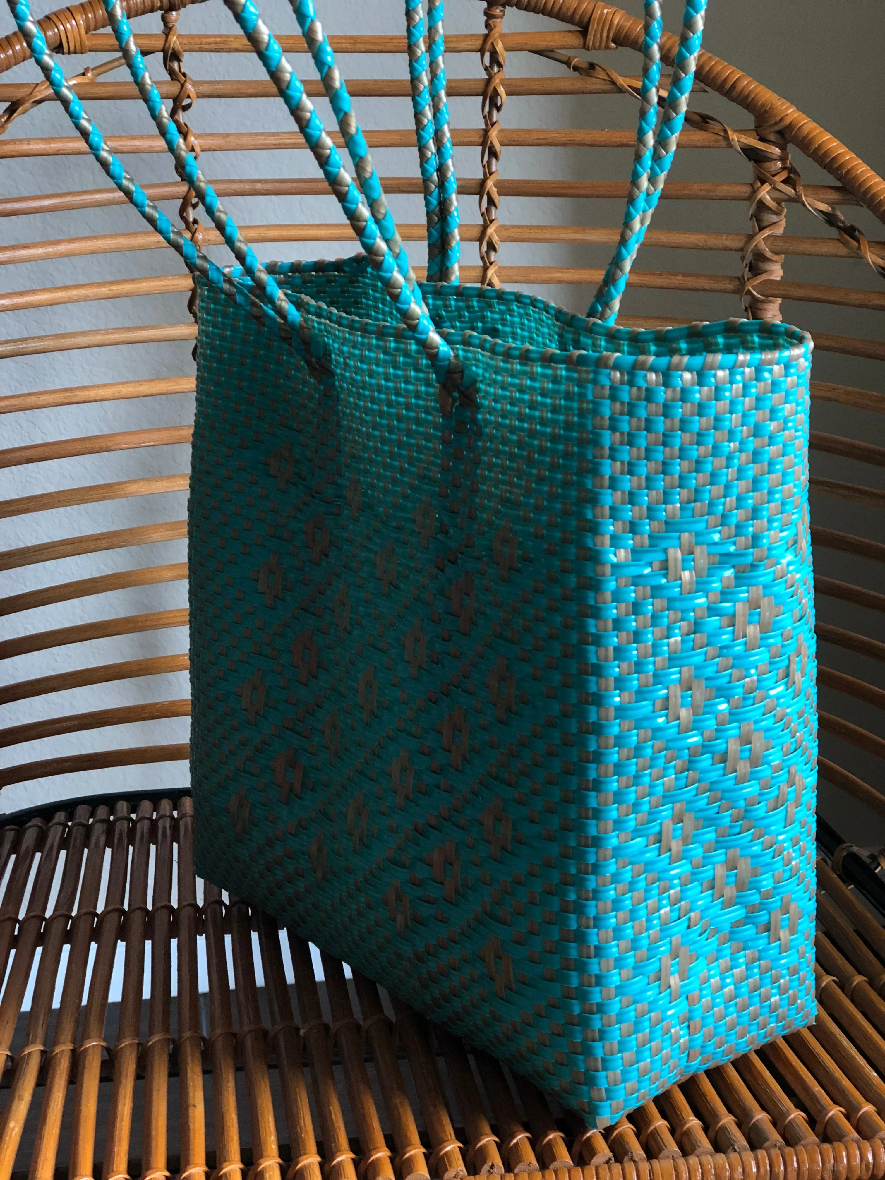 Medium Turquoise and Gold Woven Tote