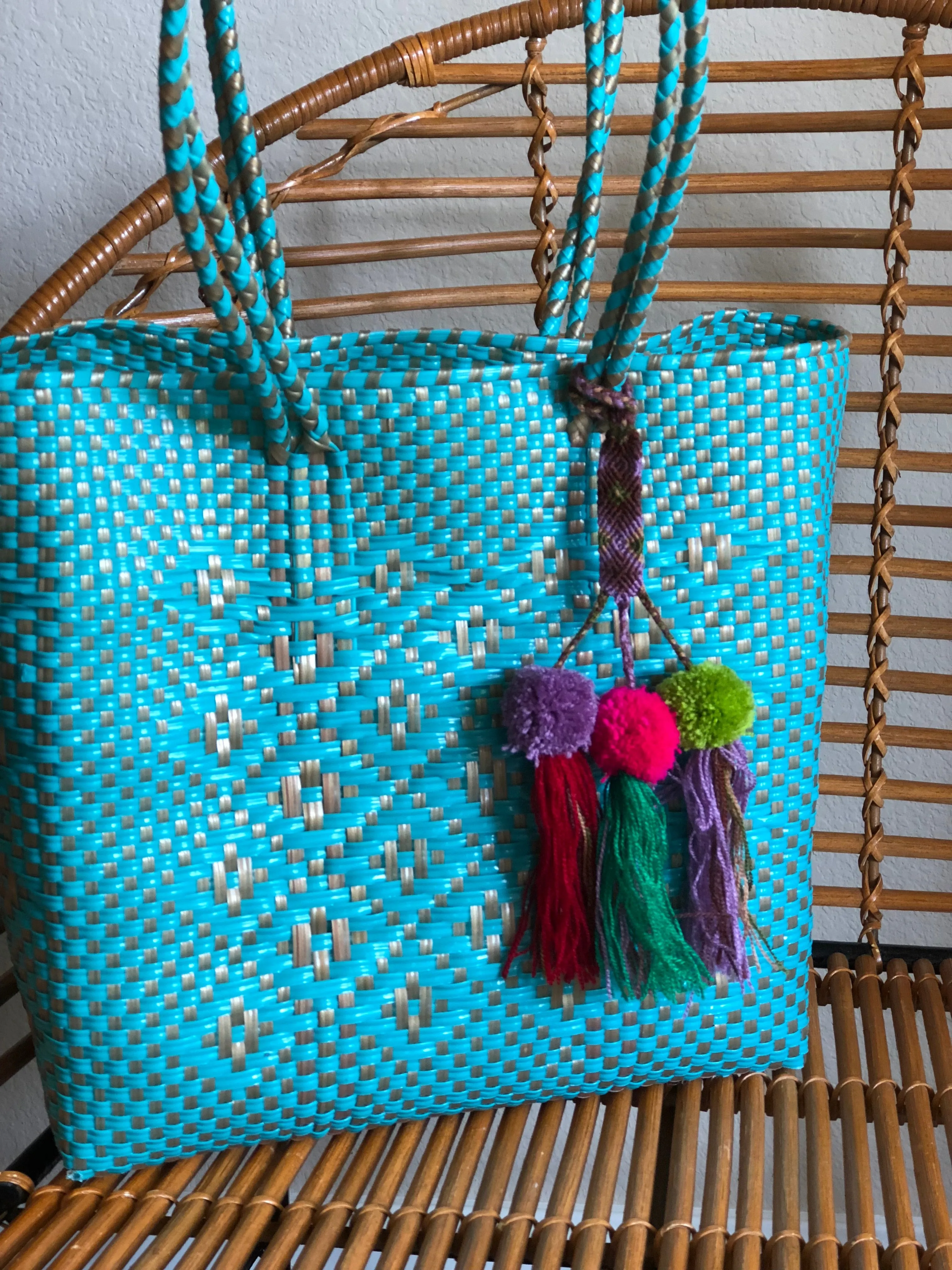 Medium Turquoise and Gold Woven Tote