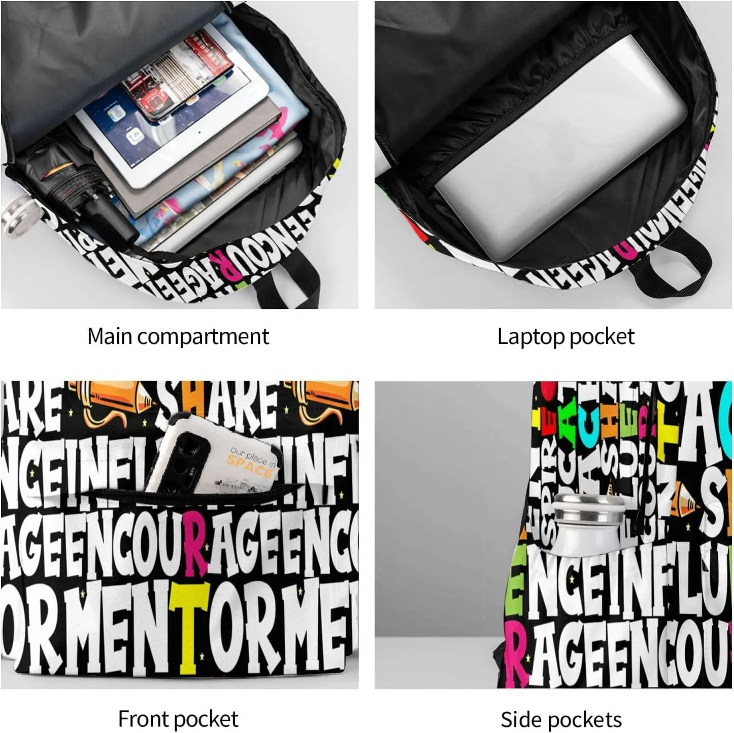 Mentor Teachers inspire Educate Coach Share Influence Backpack Casual Laptop Backpack Large Capacity Double Shoulder Bag Travel Daypack For Women Men