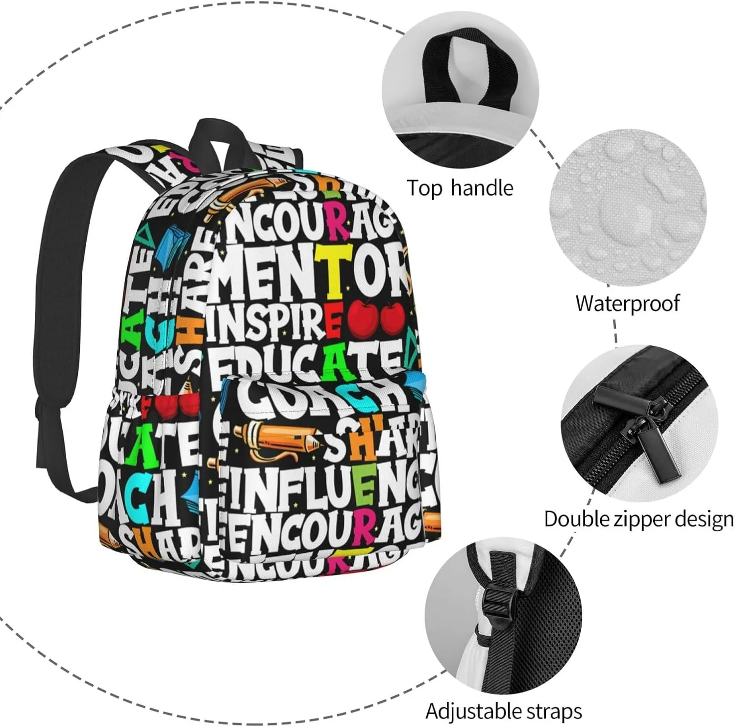 Mentor Teachers inspire Educate Coach Share Influence Backpack Casual Laptop Backpack Large Capacity Double Shoulder Bag Travel Daypack For Women Men