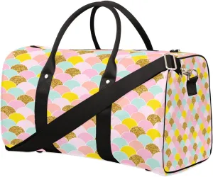 Mermaid Scale Duffel Bag Sport Gym Duffle Bag Pink Gold Travel Bag Waterproof Weekender Overnight Tote Bag Foldable Carry on Bag Training Shoulder Bag for Women Men