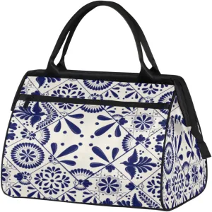 Mexican Talavera Tiles Floral Gym Bag for Women Men, Travel Sports Duffel Bag with Trolley Sleeve, Waterproof Sports Gym Bag Weekender Overnight Bag Carry On Tote Bag for Travel Gym Sport