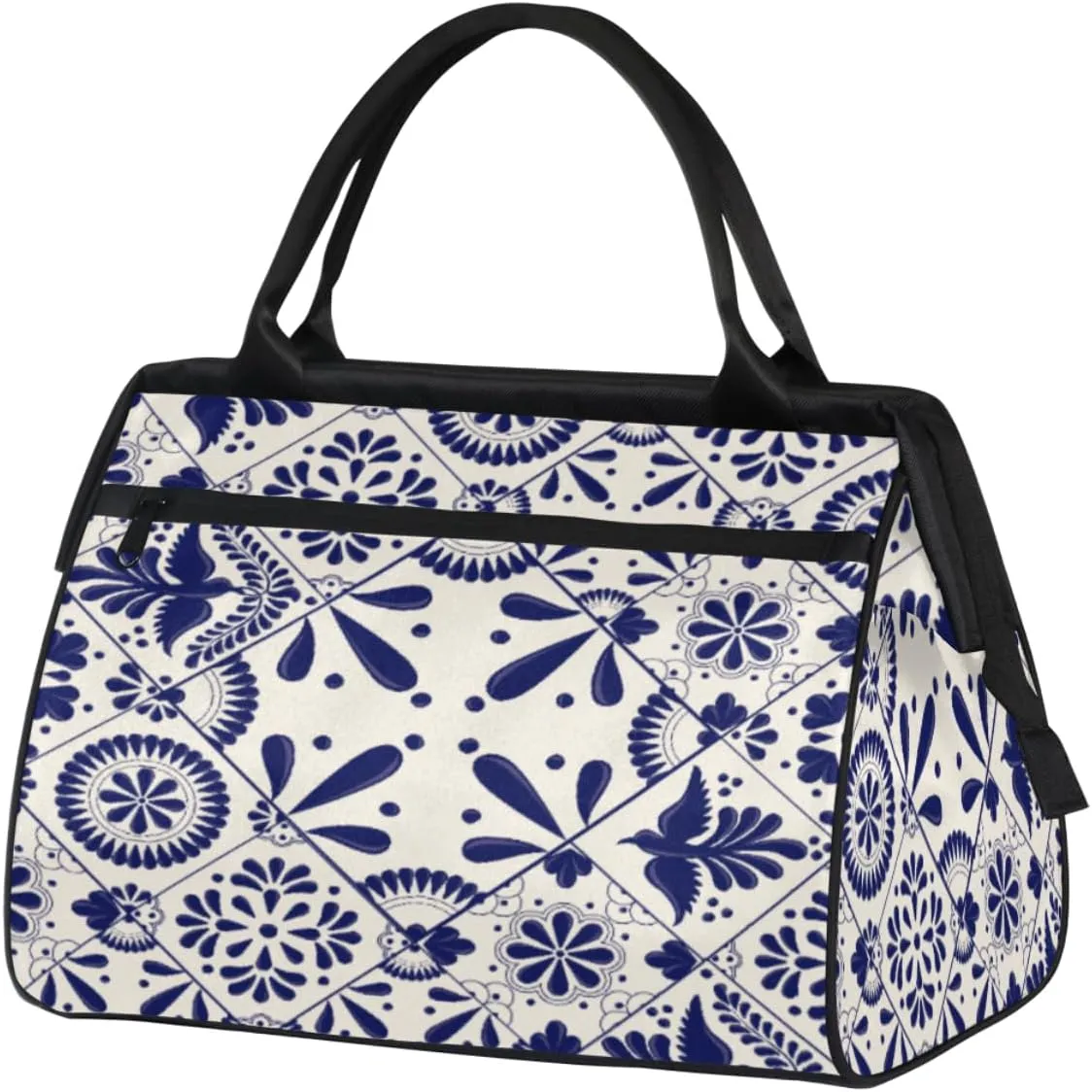 Mexican Talavera Tiles Floral Gym Bag for Women Men, Travel Sports Duffel Bag with Trolley Sleeve, Waterproof Sports Gym Bag Weekender Overnight Bag Carry On Tote Bag for Travel Gym Sport