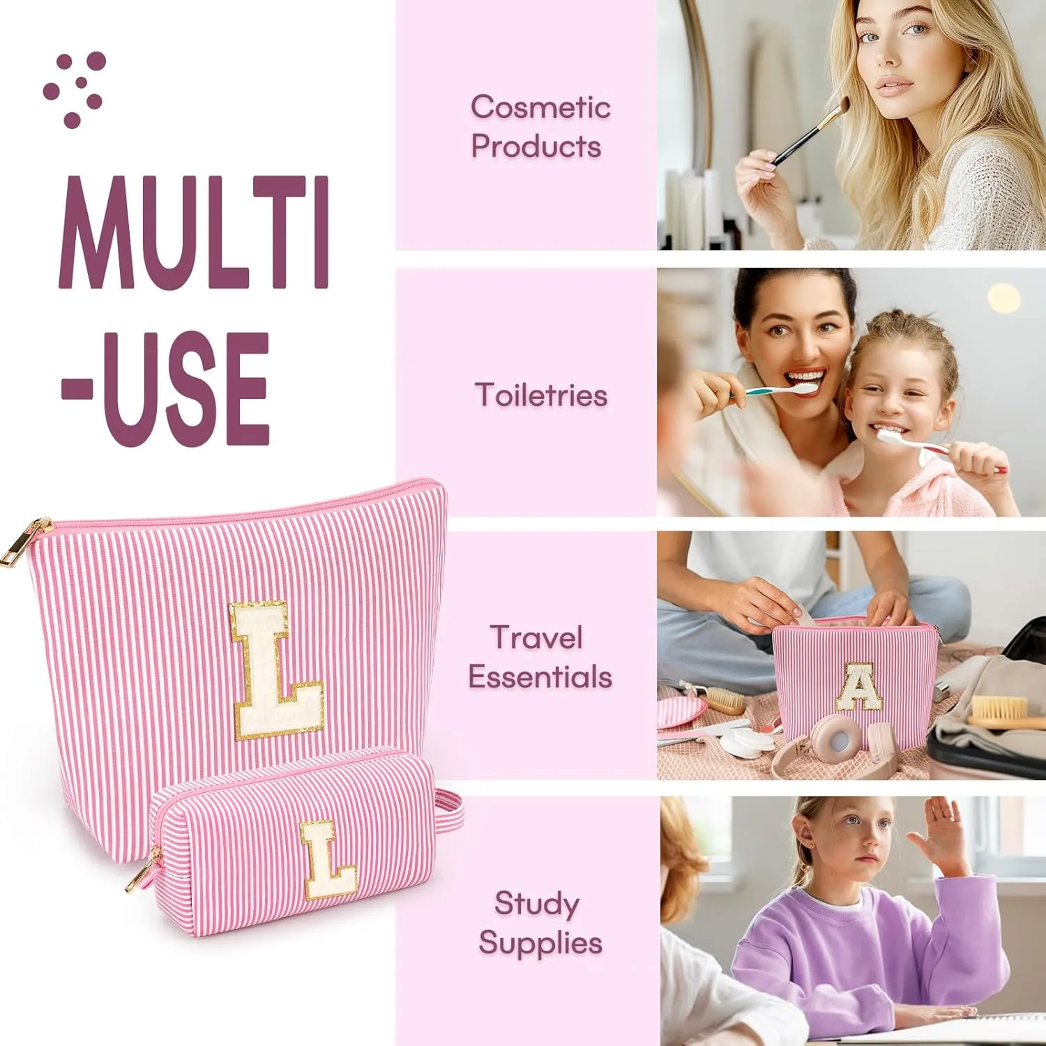 mibasies 2 PCS Initial Makeup Bags: Mothers Day Gifts for Women - Cosmetic Bag for Travel Toiletry - Gifts for 11 12 13 14 15 16 17 18 Years Old Teen Girl Gifts Graduation Teacher Gifts - Pink L