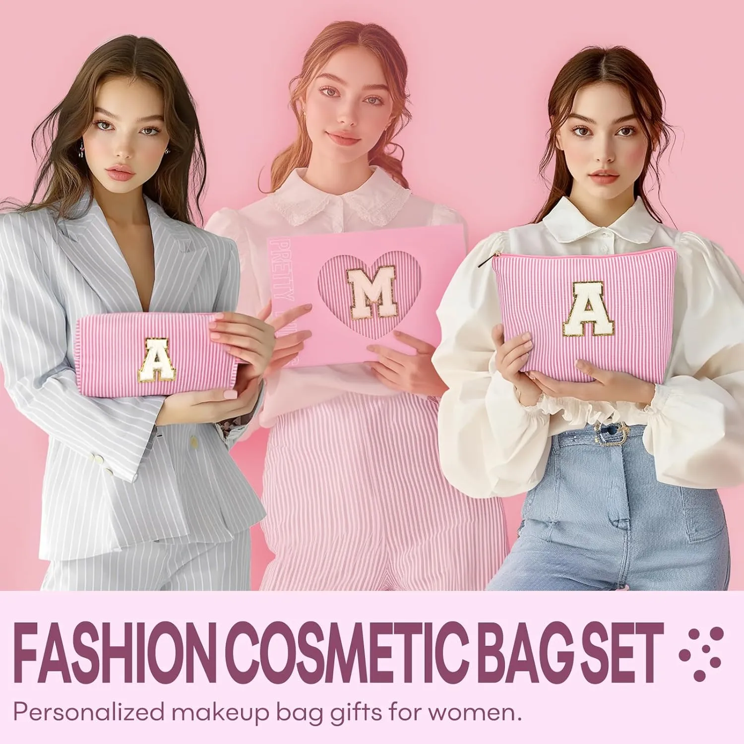 mibasies 2 PCS Initial Makeup Bags: Mothers Day Gifts for Women - Cosmetic Bag for Travel Toiletry - Gifts for 11 12 13 14 15 16 17 18 Years Old Teen Girl Gifts Graduation Teacher Gifts - Pink L