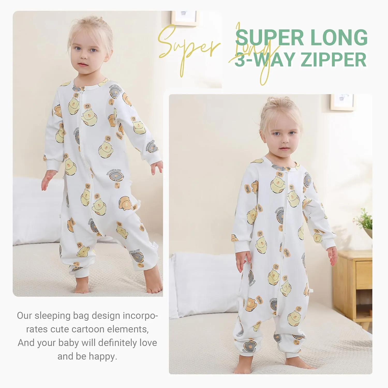 MICHLEY Baby Sleeping Sack with Legs Cotton Long Sleeve Toddler Wearable Blanket Sleeping Bag 2T-4T, White Bear