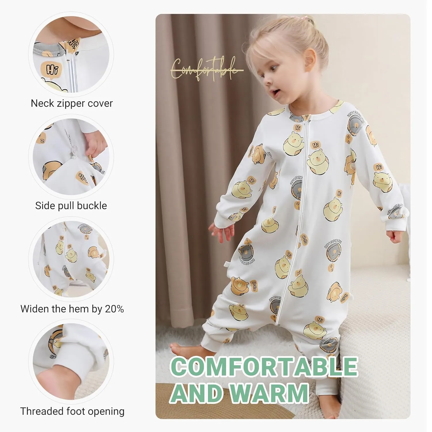 MICHLEY Baby Sleeping Sack with Legs Cotton Long Sleeve Toddler Wearable Blanket Sleeping Bag 2T-4T, White Bear