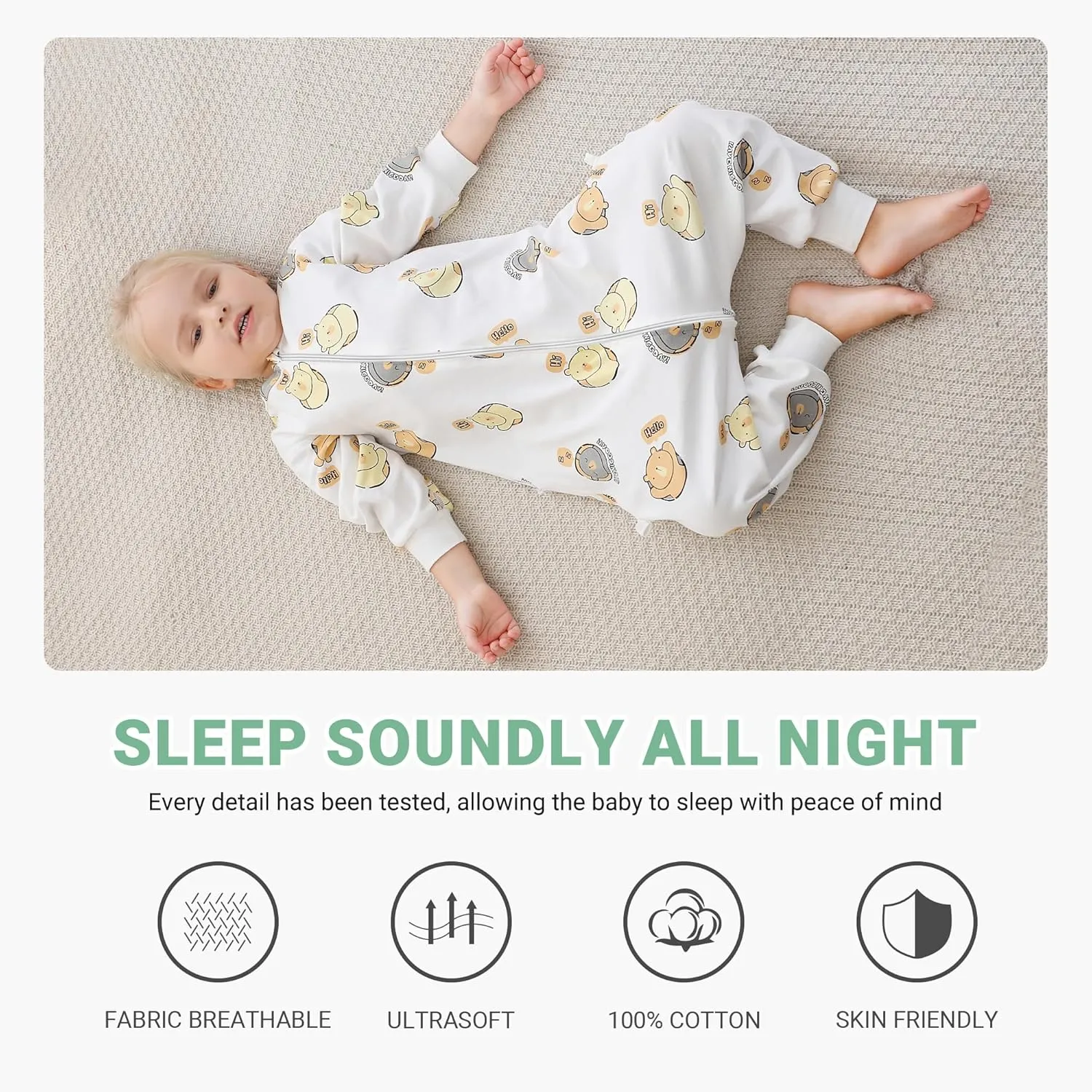 MICHLEY Baby Sleeping Sack with Legs Cotton Long Sleeve Toddler Wearable Blanket Sleeping Bag 2T-4T, White Bear