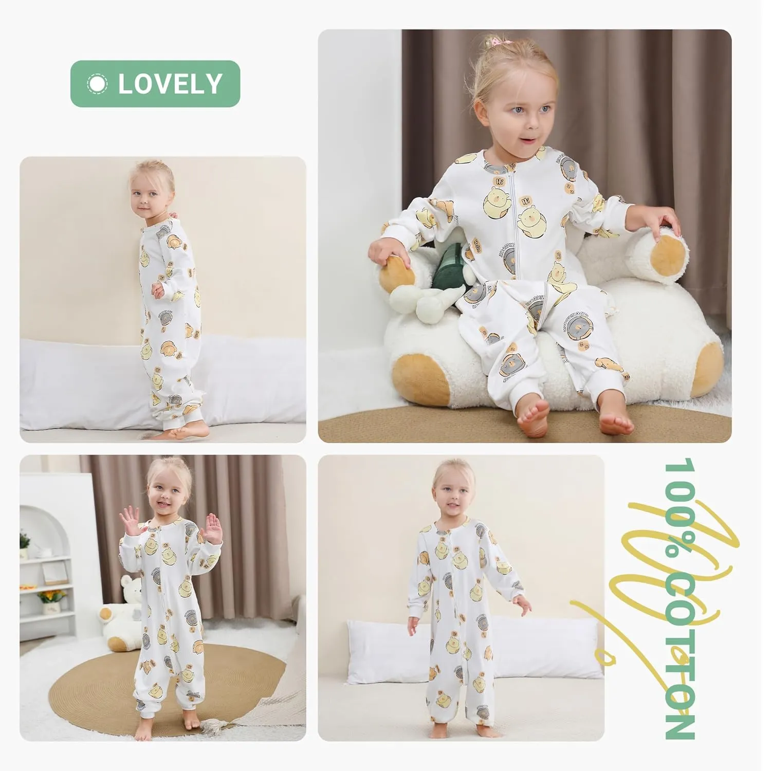 MICHLEY Baby Sleeping Sack with Legs Cotton Long Sleeve Toddler Wearable Blanket Sleeping Bag 2T-4T, White Bear