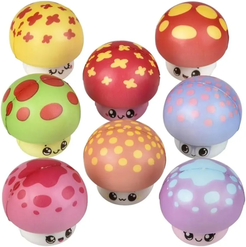 Micro Squish Mushrooms - Slow Rise Stress Relief, Fidget Toy, Sensory Play, Party Favors, Reward Chest, Treasure Chest, Goodie Bags - 8 Piece