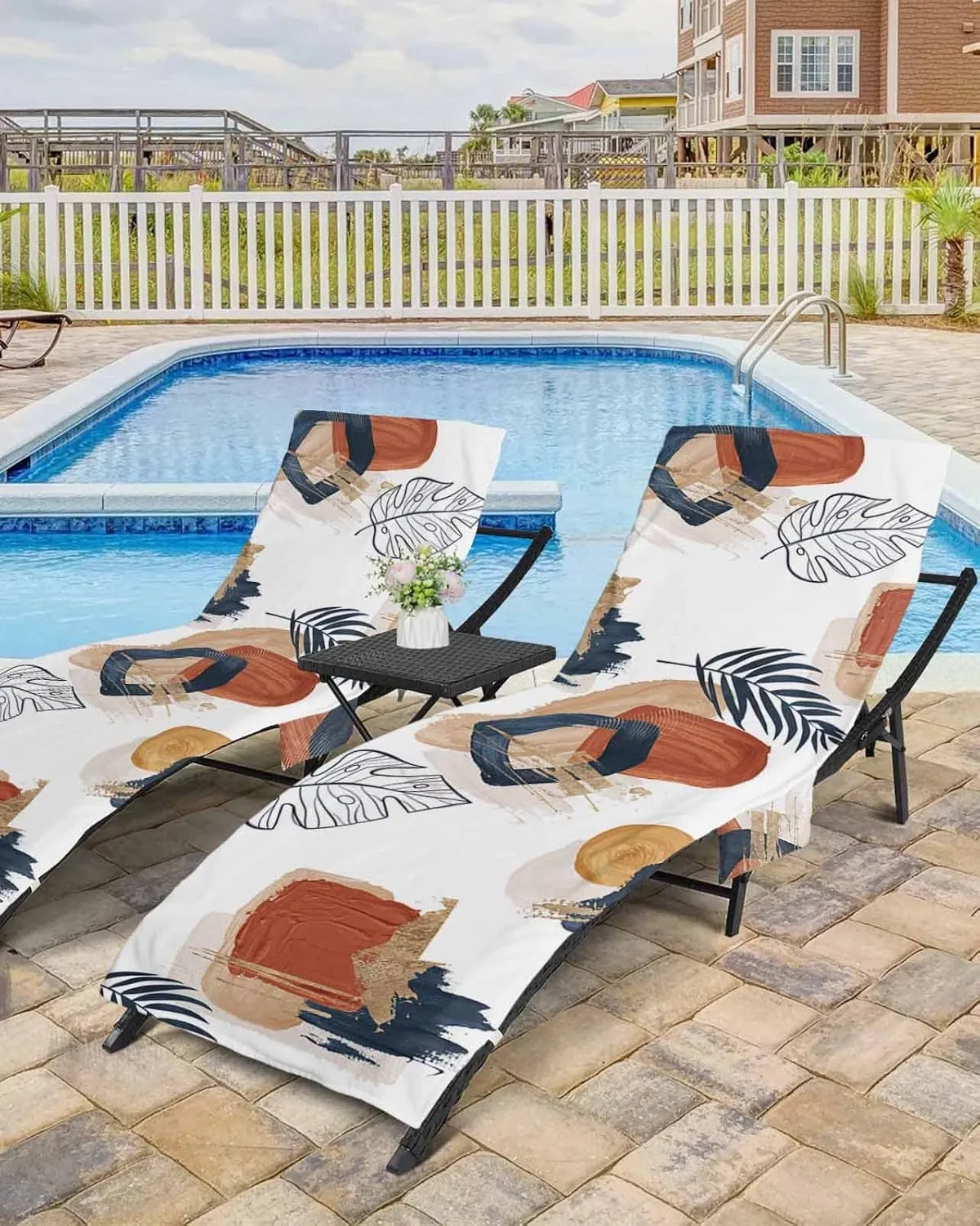 Middle Century Geometric Chaise Lounger Cover with Pockets, Pool Lounge Chair Covers 85"x29", Boho Modern Abstract Art Microfiber Beach Chair Cover for Outdoor Patio Sunbathing