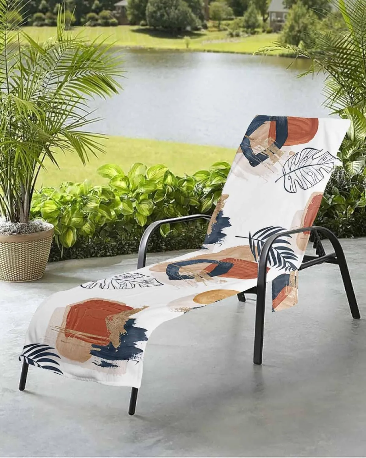 Middle Century Geometric Chaise Lounger Cover with Pockets, Pool Lounge Chair Covers 85"x29", Boho Modern Abstract Art Microfiber Beach Chair Cover for Outdoor Patio Sunbathing