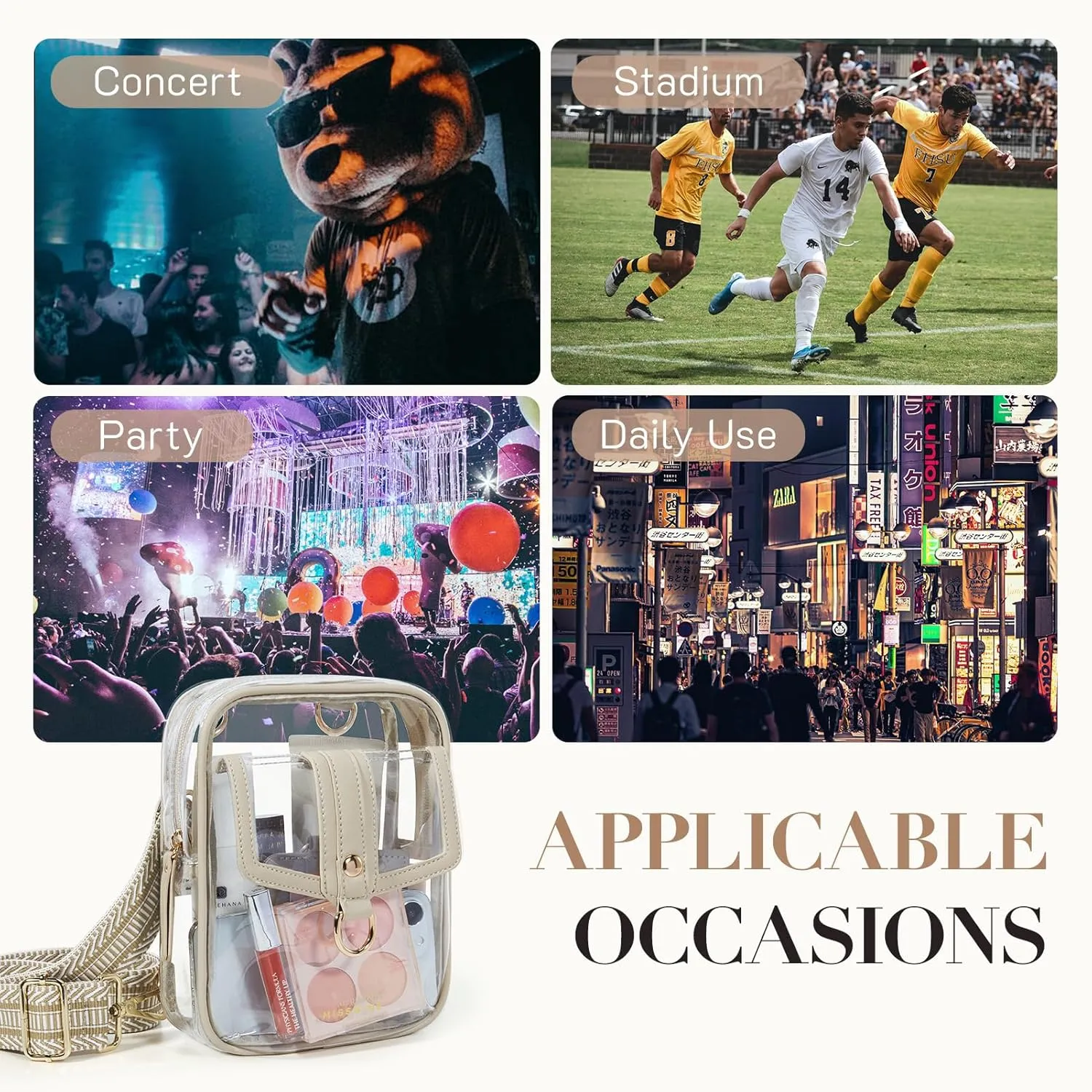 Missnine Clear Bag Stadium Approved PVC Crossbody Purse for Women Transparent Shoulder Concert Bag with Guitar Strap