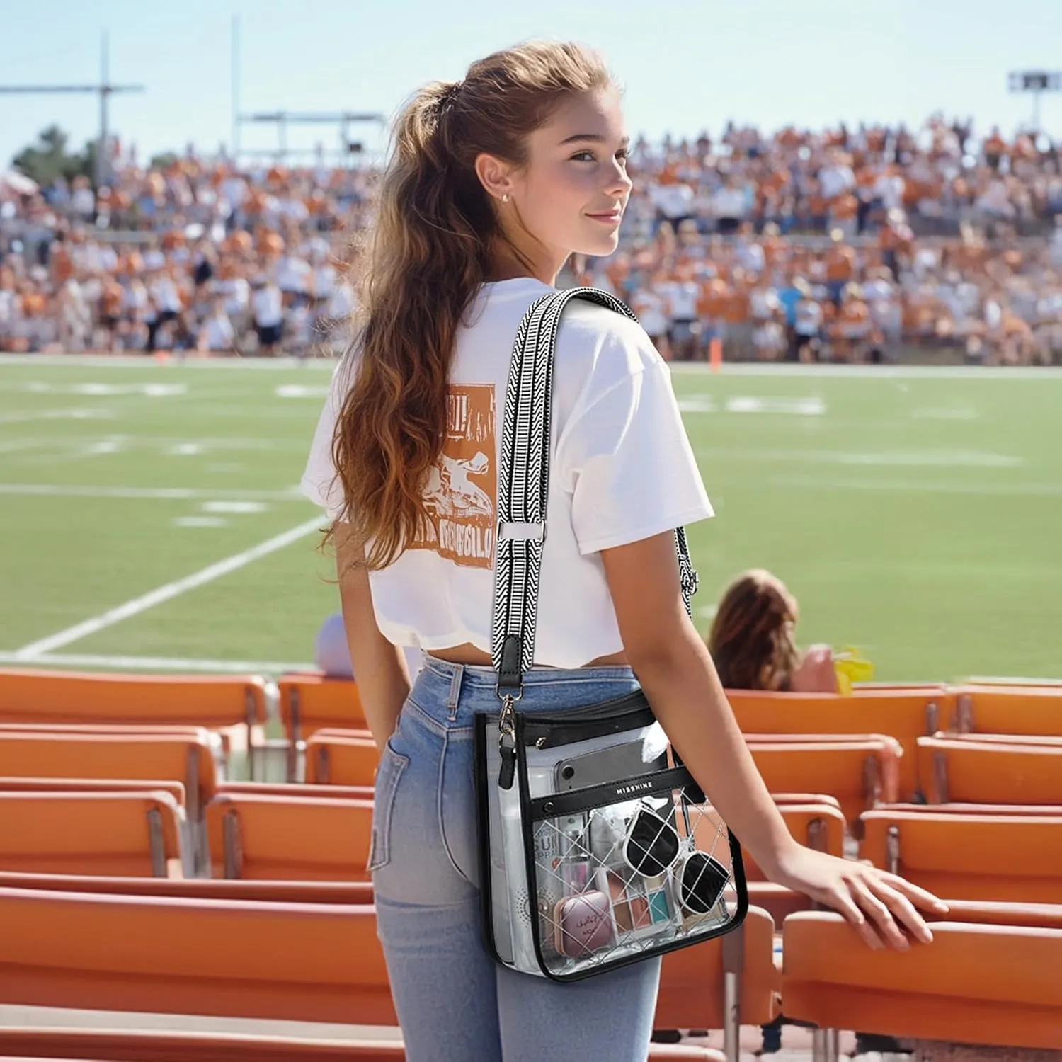 Missnine Clear Crossbody Bags for Women Stadium Approved Clear Purse for Concert Transparent Plastic Bag with Guitar Strap