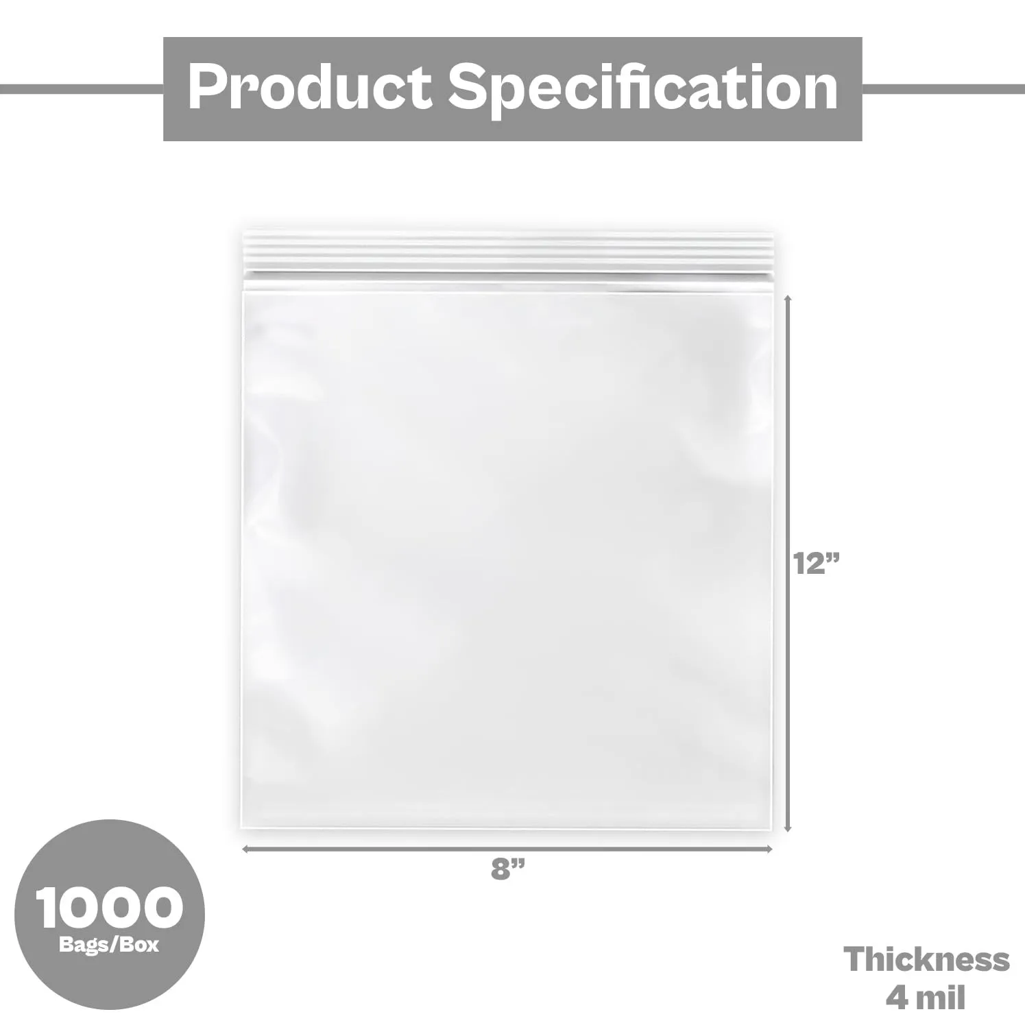 MMBM Resealable Poly Bag, 8x12 Inch, 1000 Pack, 4 Mil, Clear, Lock Seal Zipper, Reclosable Zip Plastic Baggies