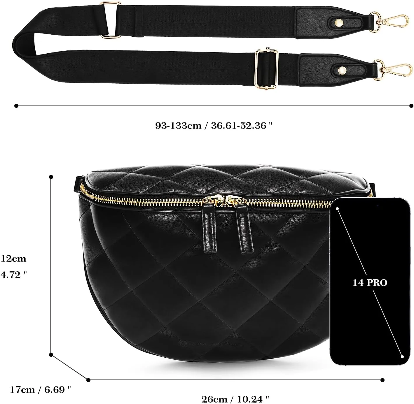 molshine Women's Quilted Crossbody Bum Bags, Trendy Puffer Belt Sling Bag Shoulder Bag Waist Pack Chest Bag Fanny Pack Purse (Black)