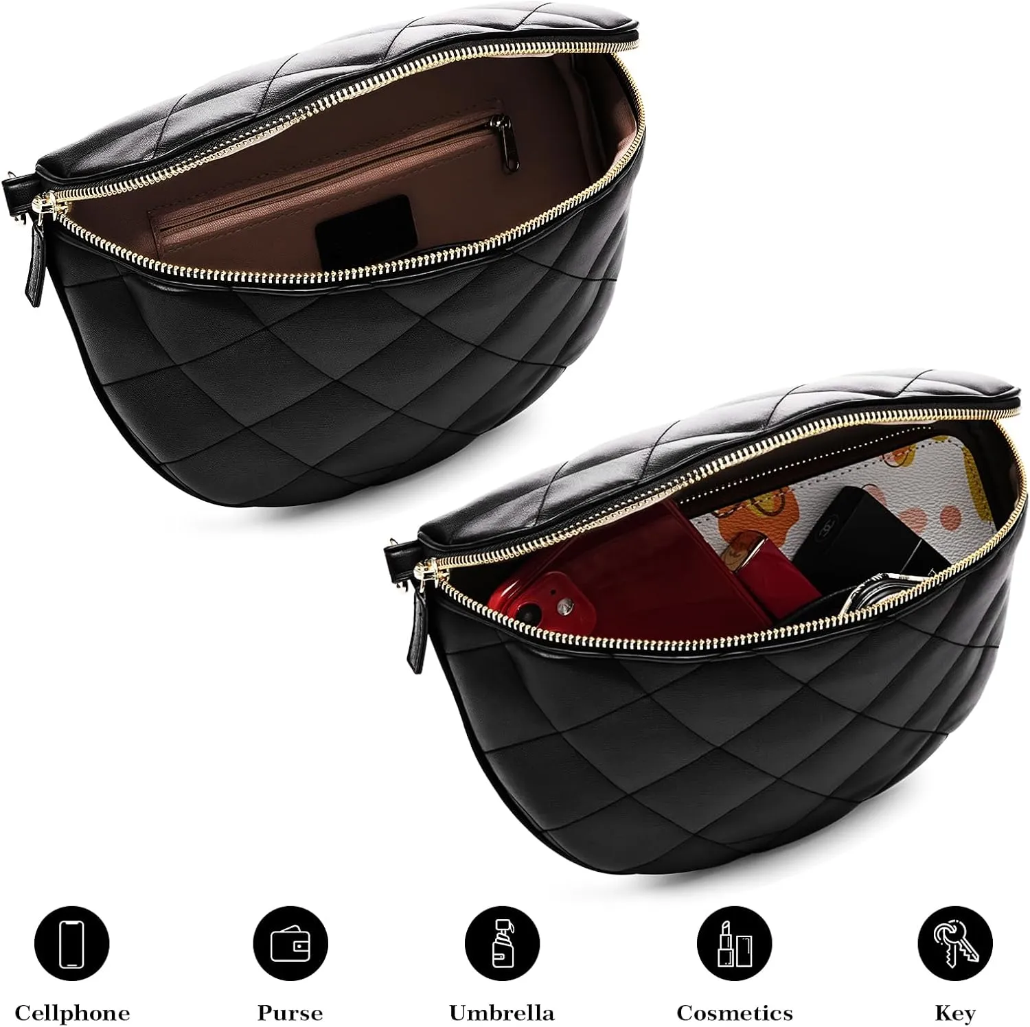 molshine Women's Quilted Crossbody Bum Bags, Trendy Puffer Belt Sling Bag Shoulder Bag Waist Pack Chest Bag Fanny Pack Purse (Black)