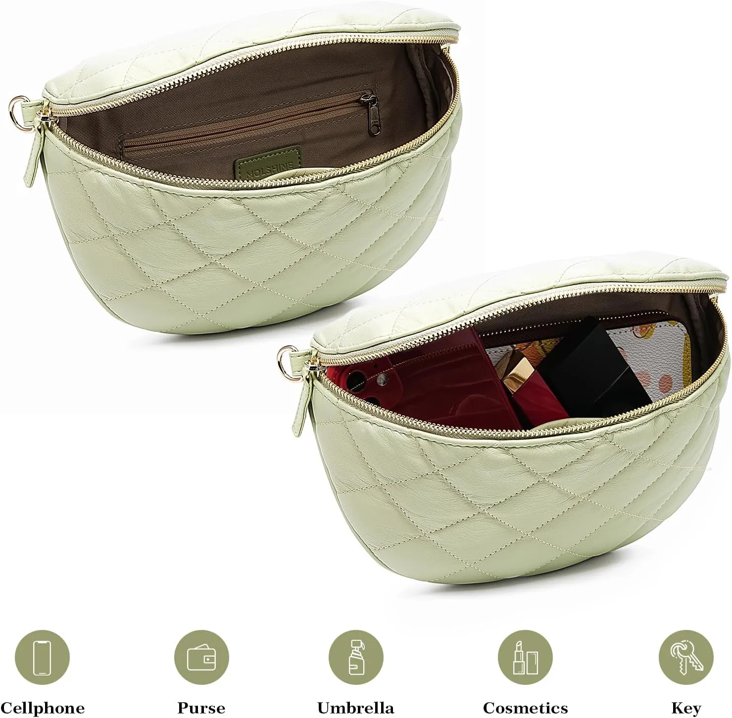 MOLSHINE Women's Quilted Crossbody Bum Bags, Trendy Puffer Belt Sling Bag Shoulder Bag Waist Pack Chest Bag Fanny Pack Purse (Soga Green)