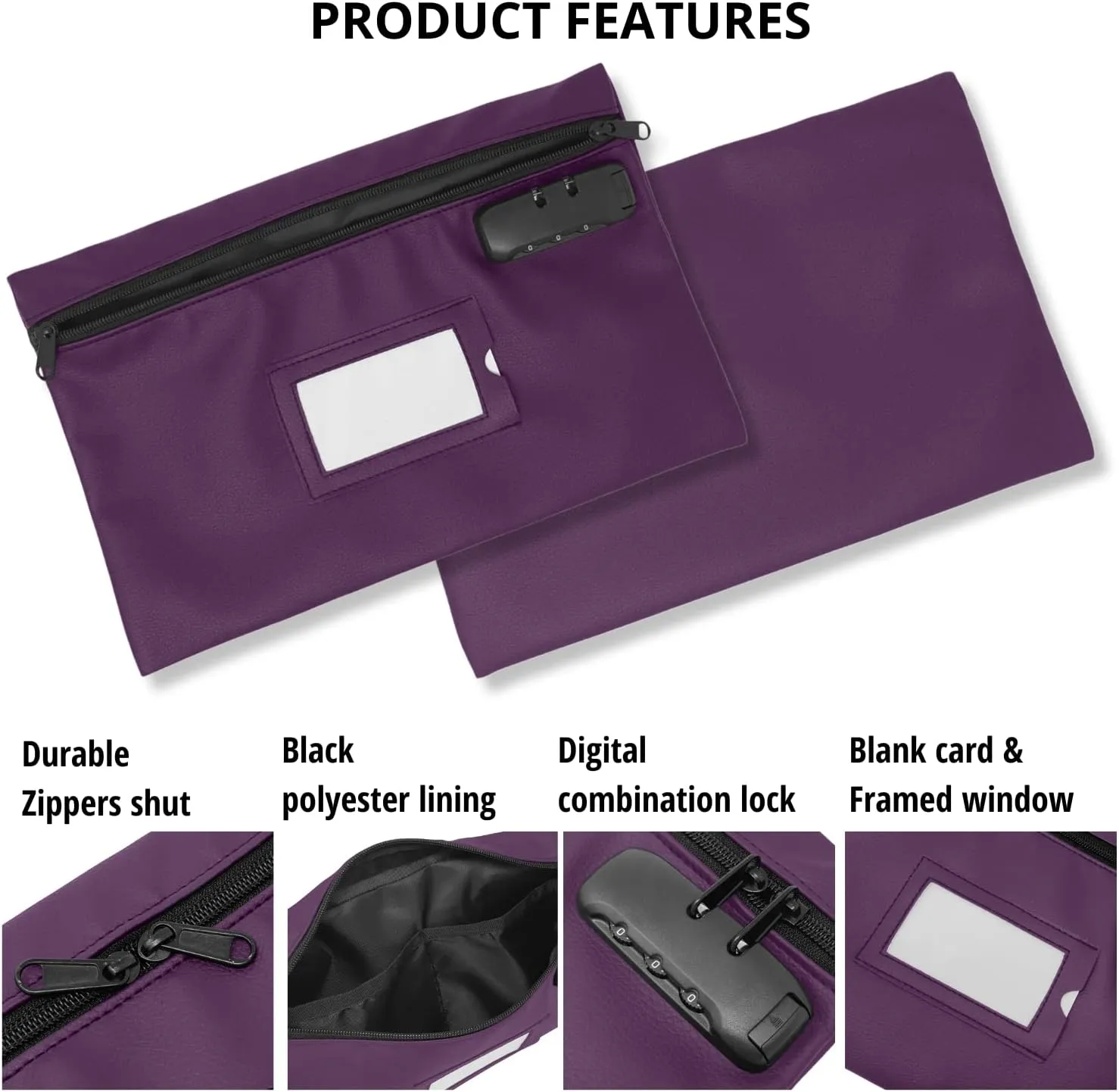 Money Bag for Cash with Lock | 12x8 Inch | Purple | Leatherette Locking Bank Bag | Cash Bag with Lock | Money Bags with Zipper for Cash | Bank Deposit Bags with Zipper | Bank Bags with Zipper