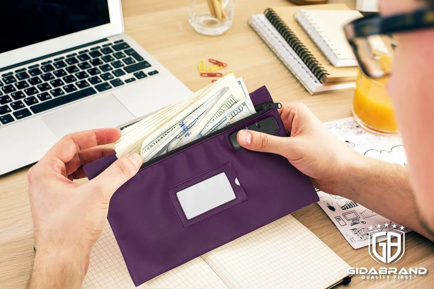 Money Bag for Cash with Lock | 12x8 Inch | Purple | Leatherette Locking Bank Bag | Cash Bag with Lock | Money Bags with Zipper for Cash | Bank Deposit Bags with Zipper | Bank Bags with Zipper