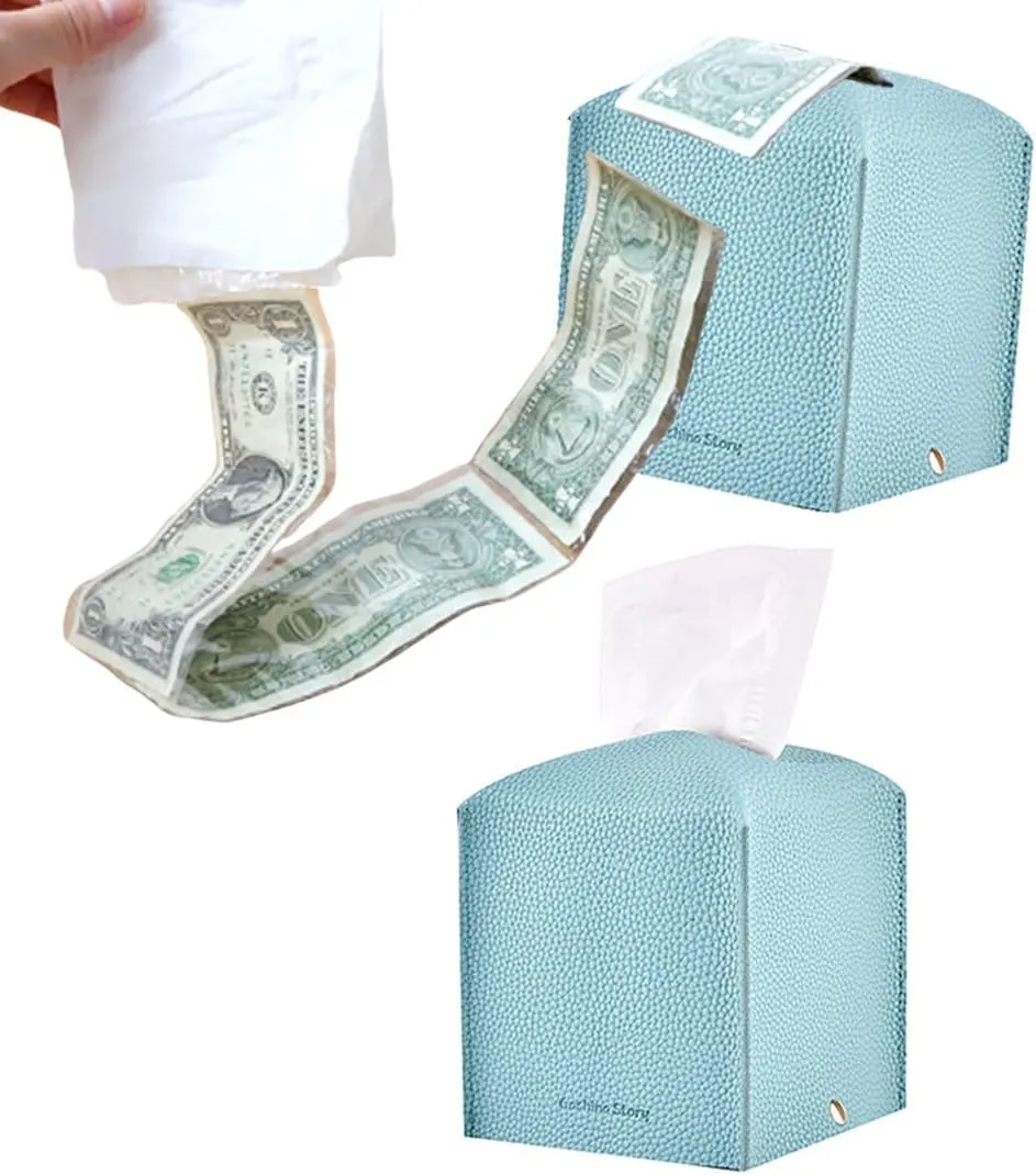 Money Pull Out Box for Cash Gift with Reusable Tissue Box Cover - Surprise Pop Up Money Gift Boxes for Kids and Adults, Perfect for Birthday - Includes Transparent Money Bag Roll (50pcs) (Mint)