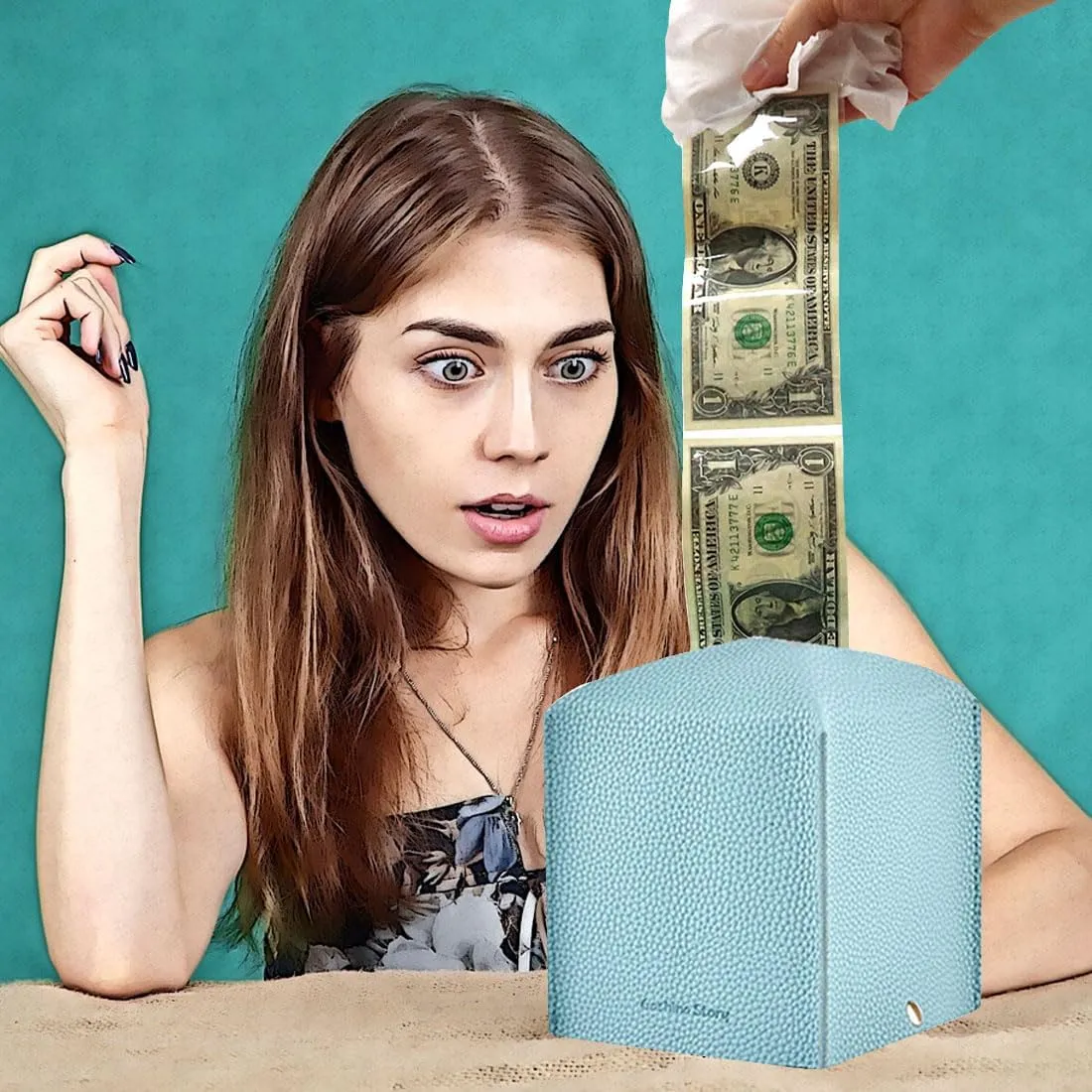 Money Pull Out Box for Cash Gift with Reusable Tissue Box Cover - Surprise Pop Up Money Gift Boxes for Kids and Adults, Perfect for Birthday - Includes Transparent Money Bag Roll (50pcs) (Mint)