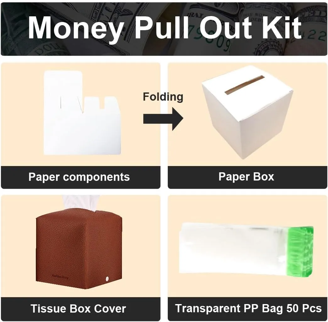 Money Pull Out Box for Cash Gift with Reusable Tissue Box Cover - Surprise Pop Up Money Gift Boxes for Kids and Adults, Perfect for Birthday - Includes Transparent Money Bag Roll (50pcs) (Mint)
