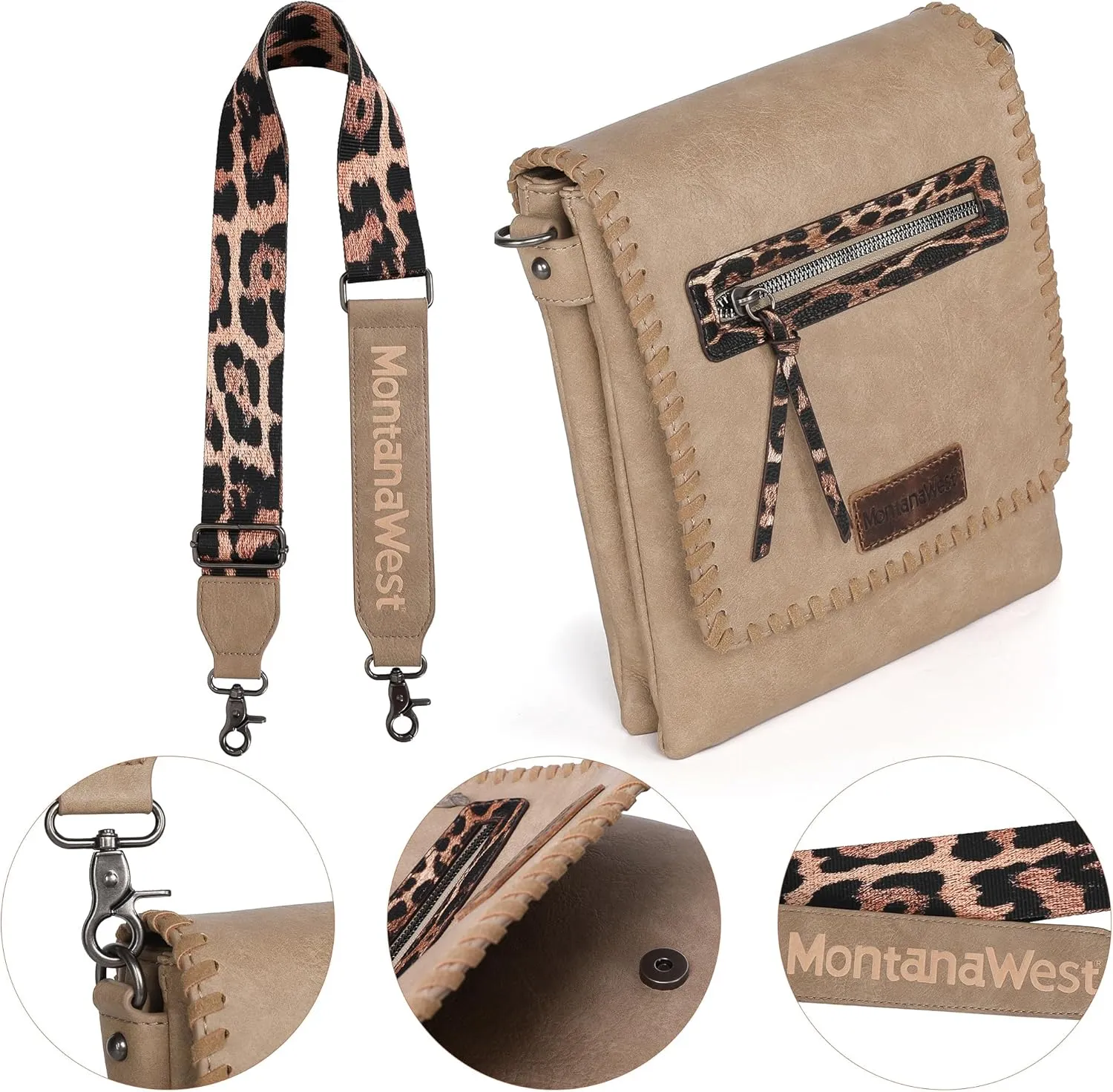 Montana West Crossbody Bags for Women with Dual Compartments Western Cross Body Purse with Leopard Print Guitar Strap