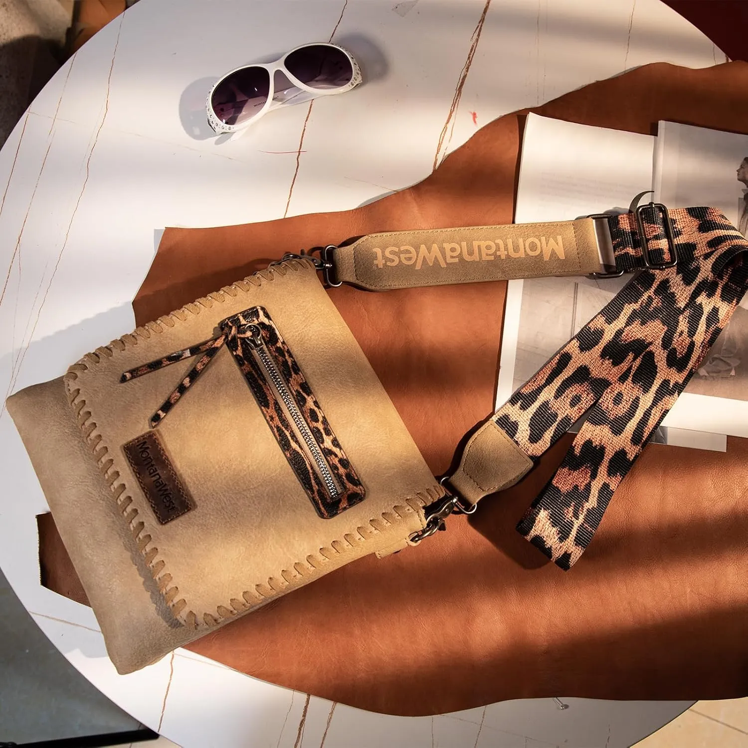Montana West Crossbody Bags for Women with Dual Compartments Western Cross Body Purse with Leopard Print Guitar Strap