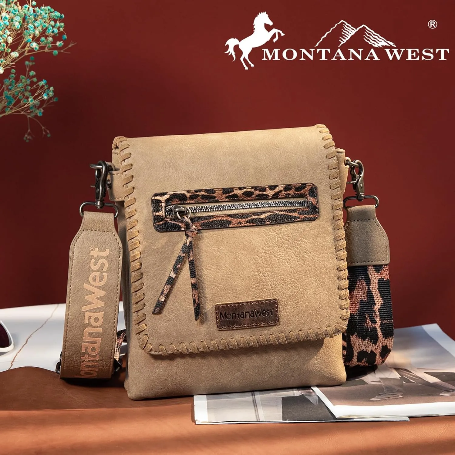 Montana West Crossbody Bags for Women with Dual Compartments Western Cross Body Purse with Leopard Print Guitar Strap