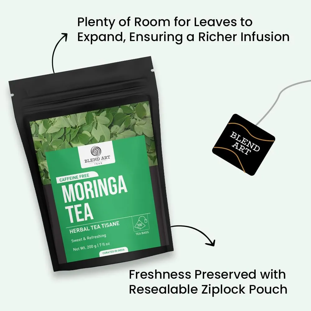 Moringa Tea Bags 100 Count 100% Natural & Pure Moringa Loose Leaf Leaves Super Food Herbal Tea - Energy & Immunity Booster, Supporting Digestion & Immune System No Sugar, No Caffeine