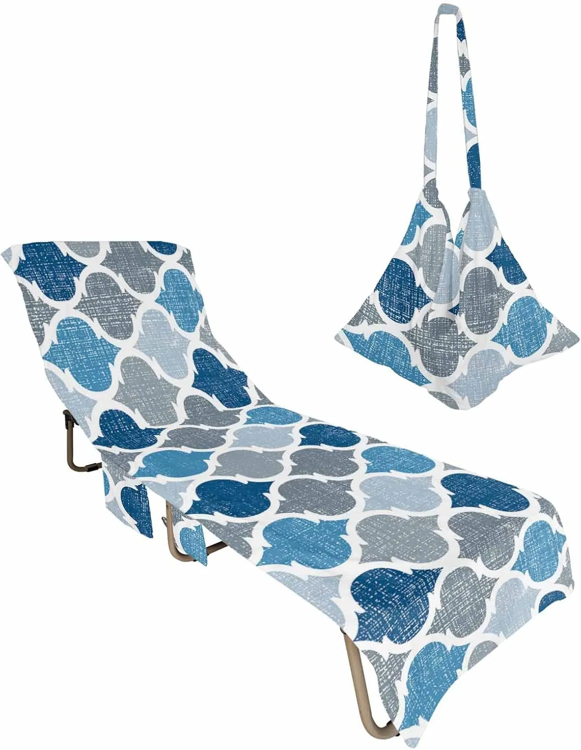 Moroccan Blue Grey Geometric Quatrefoil Chaise Lounger Cover with Pockets, Pool Lounge Chair Covers 85"x29", Retro Navy Blue Pattern Microfiber Beach Chair Cover for Outdoor Patio Sunbathing