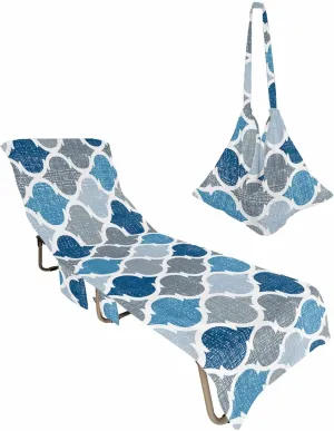 Moroccan Blue Grey Geometric Quatrefoil Chaise Lounger Cover with Pockets, Pool Lounge Chair Covers 85"x29", Retro Navy Blue Pattern Microfiber Beach Chair Cover for Outdoor Patio Sunbathing