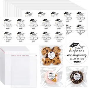 Motipuns 200 Set Graduation Cookies Gift Bags with Seal with Graduation Stickers Bulk Class of 2025 Clear Grad Cellophane Treat Bags a Sweet Ending to a New Beginning for Congrats Grad Party