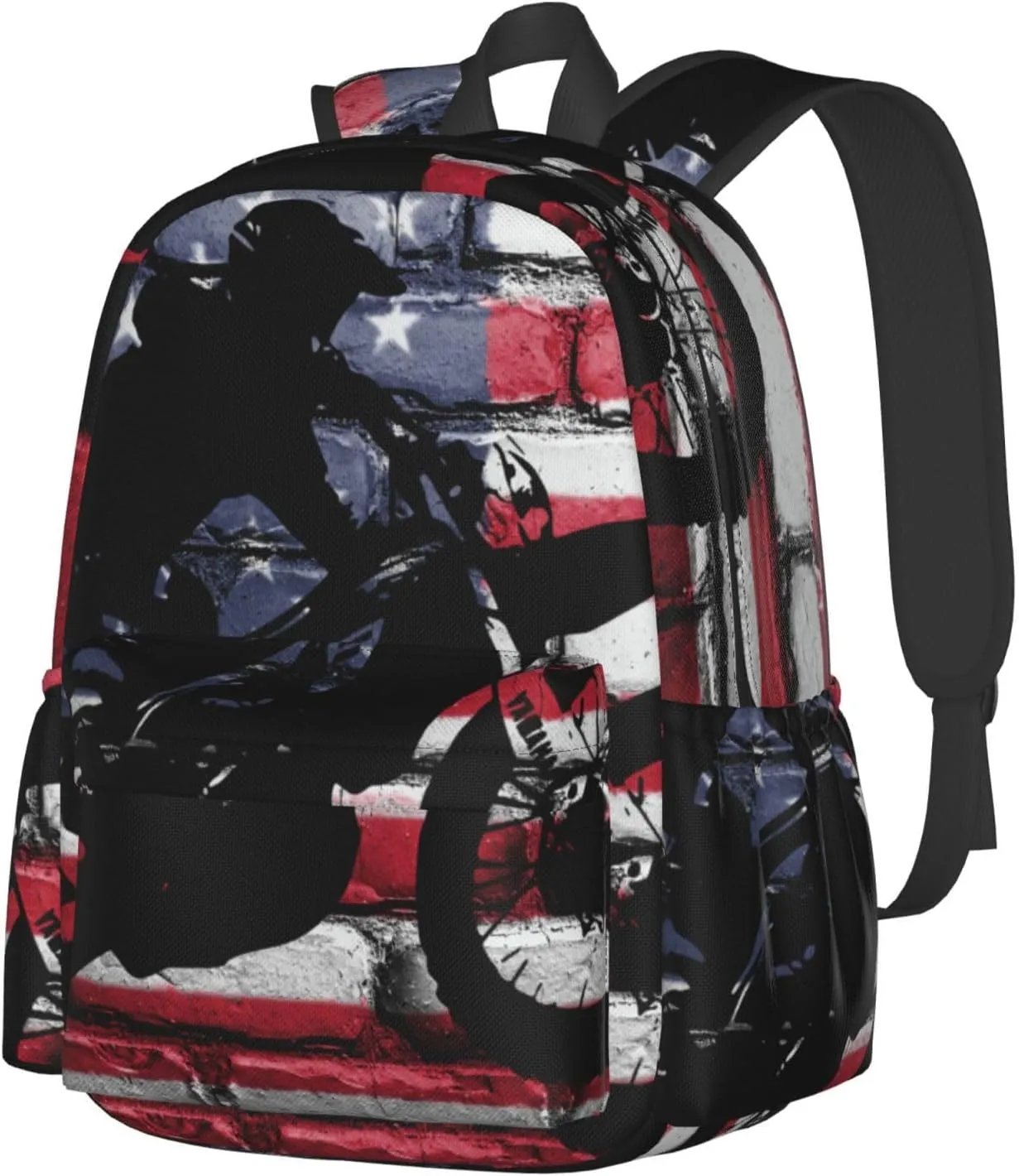 Motocross Dirt Bike American Flag Large Capacity Backpack Casual Double Shoulder Bag Laptop Backpack Travel Daypack For Women Men