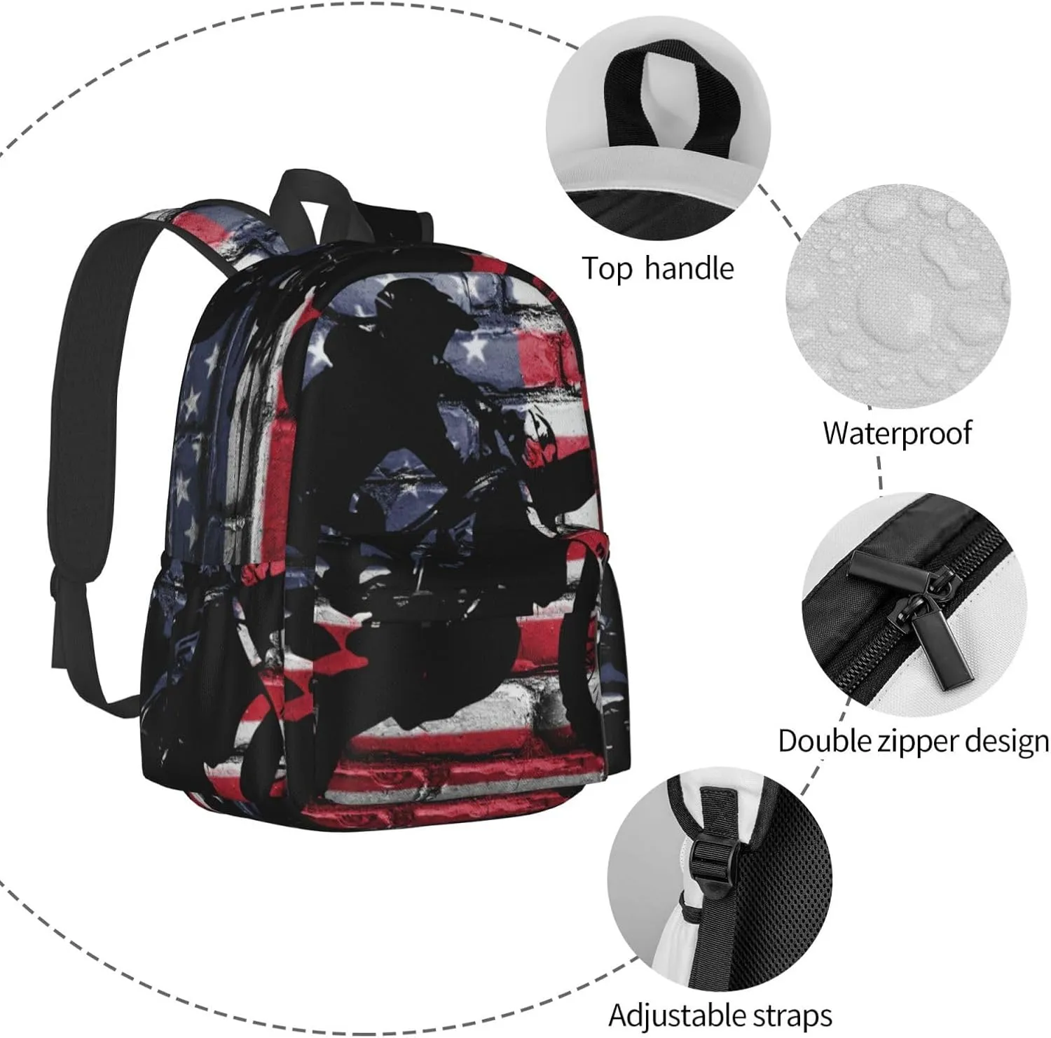 Motocross Dirt Bike American Flag Large Capacity Backpack Casual Double Shoulder Bag Laptop Backpack Travel Daypack For Women Men