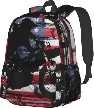 Motocross Dirt Bike American Flag Large Capacity Backpack Casual Double Shoulder Bag Laptop Backpack Travel Daypack For Women Men