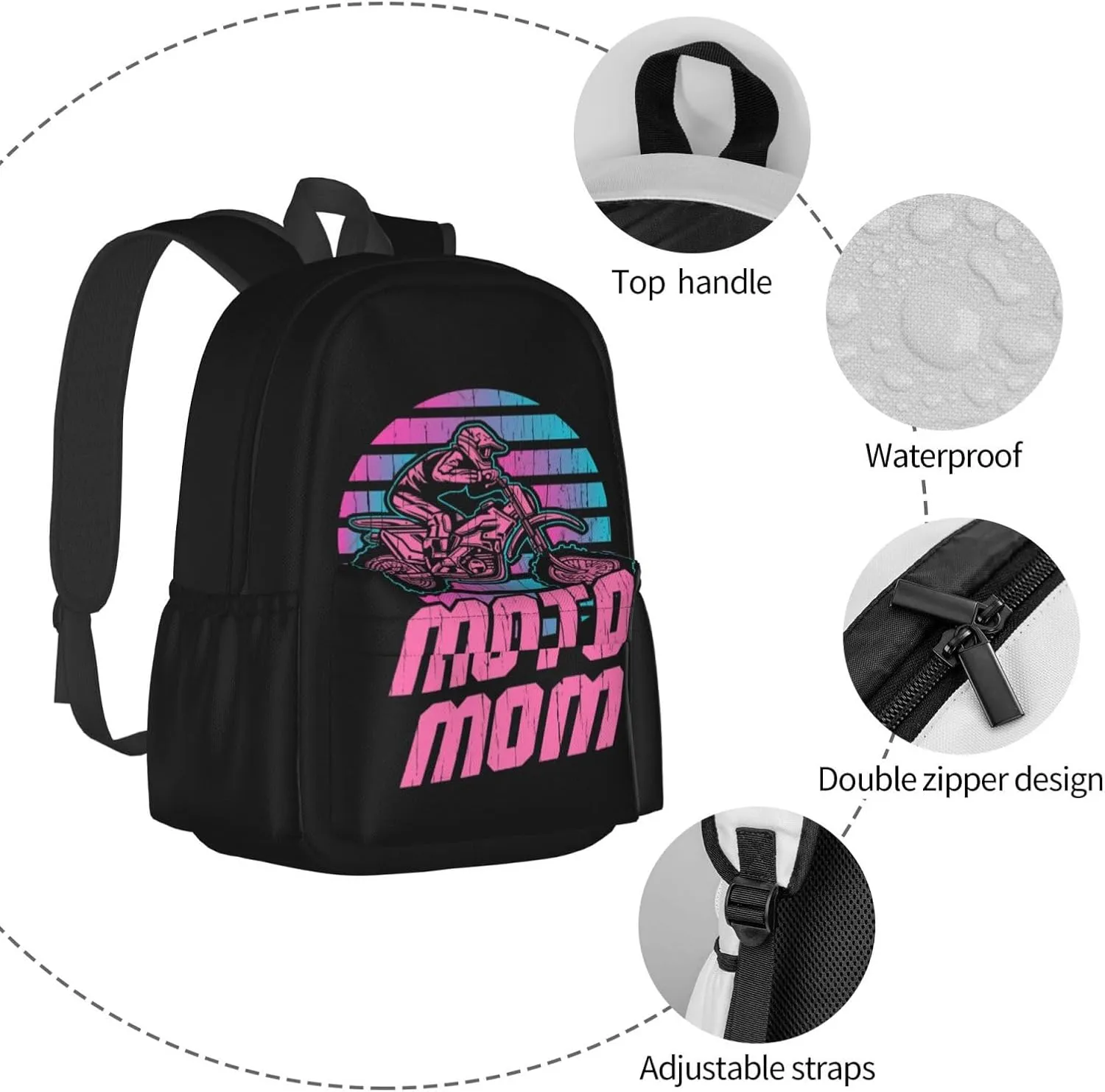 Motocross Mom Dirt Bike Lovers Moto Mom Backpack Casual Laptop Backpack Large Capacity Double Shoulder Bag Travel Daypack For Women Men