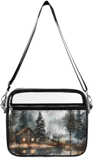 Mountain Hut by The Lake Large Clear Stadium Bag Clear Mini Messenger Bags with 2 Compartments Crossbody Bag