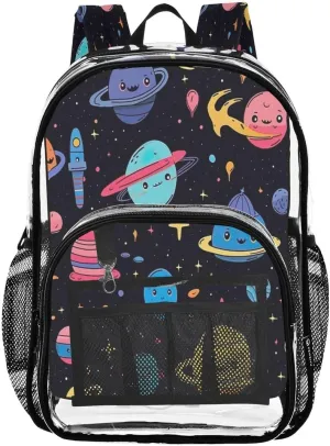 Nander Rockets and Spacecraft Clear Backpack for School,Heavy Duty PVC Transparent Bookbag for Stadium,Quick Security Clearance Travel Bag