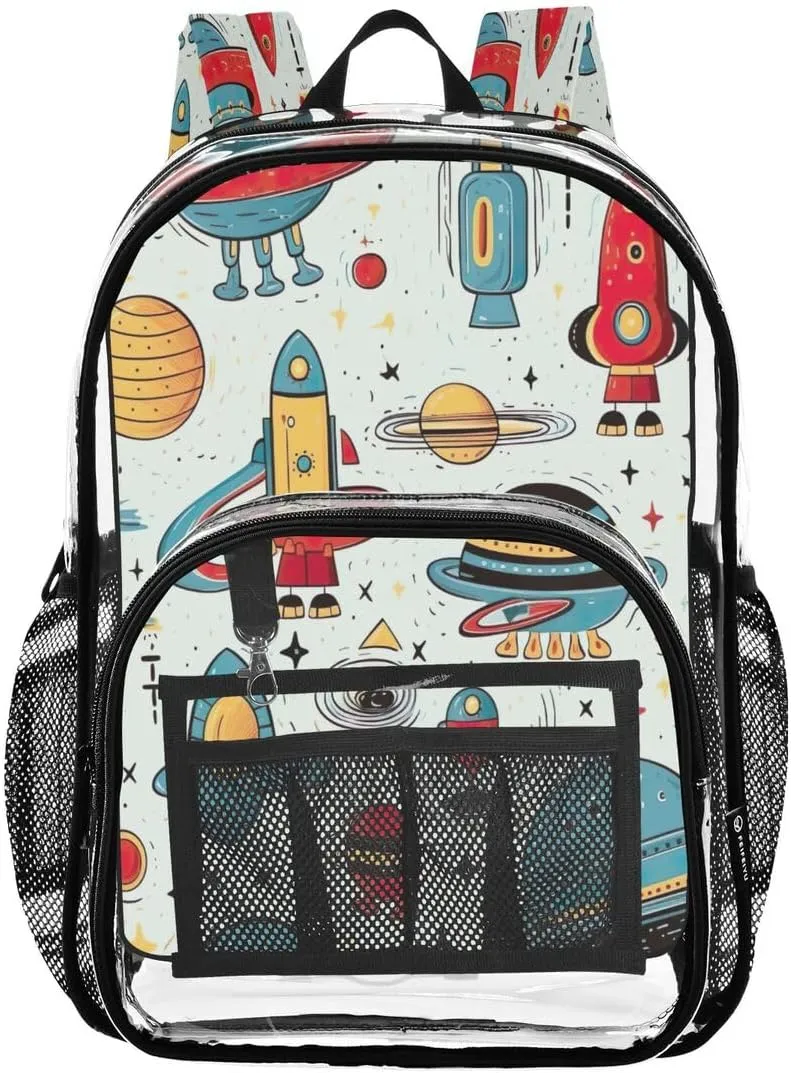 Nander Rockets and Spacecraft Clear Backpack for School,Heavy Duty PVC Transparent Bookbag for Stadium,Quick Security Clearance Travel Bag